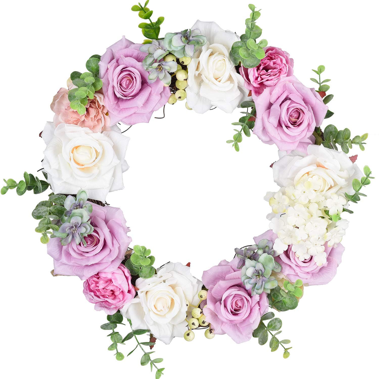 TINGOR Artificial Rose Flower Wreath, 14'' Eucalyptus Leaf Door Wreath Decor Fake Rose Outdoor Wreath for Front Door, Wall, Wedding, Home Décor (Purple & White)