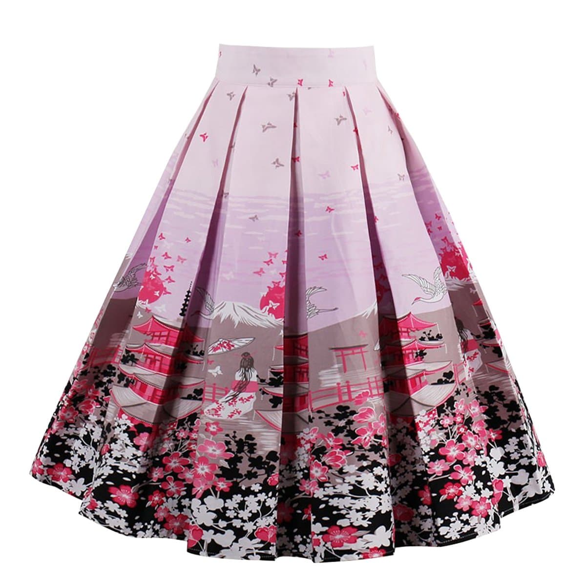 Women's Pleated Vintage Skirt Floral Print A-line Midi Skirts with Pockets