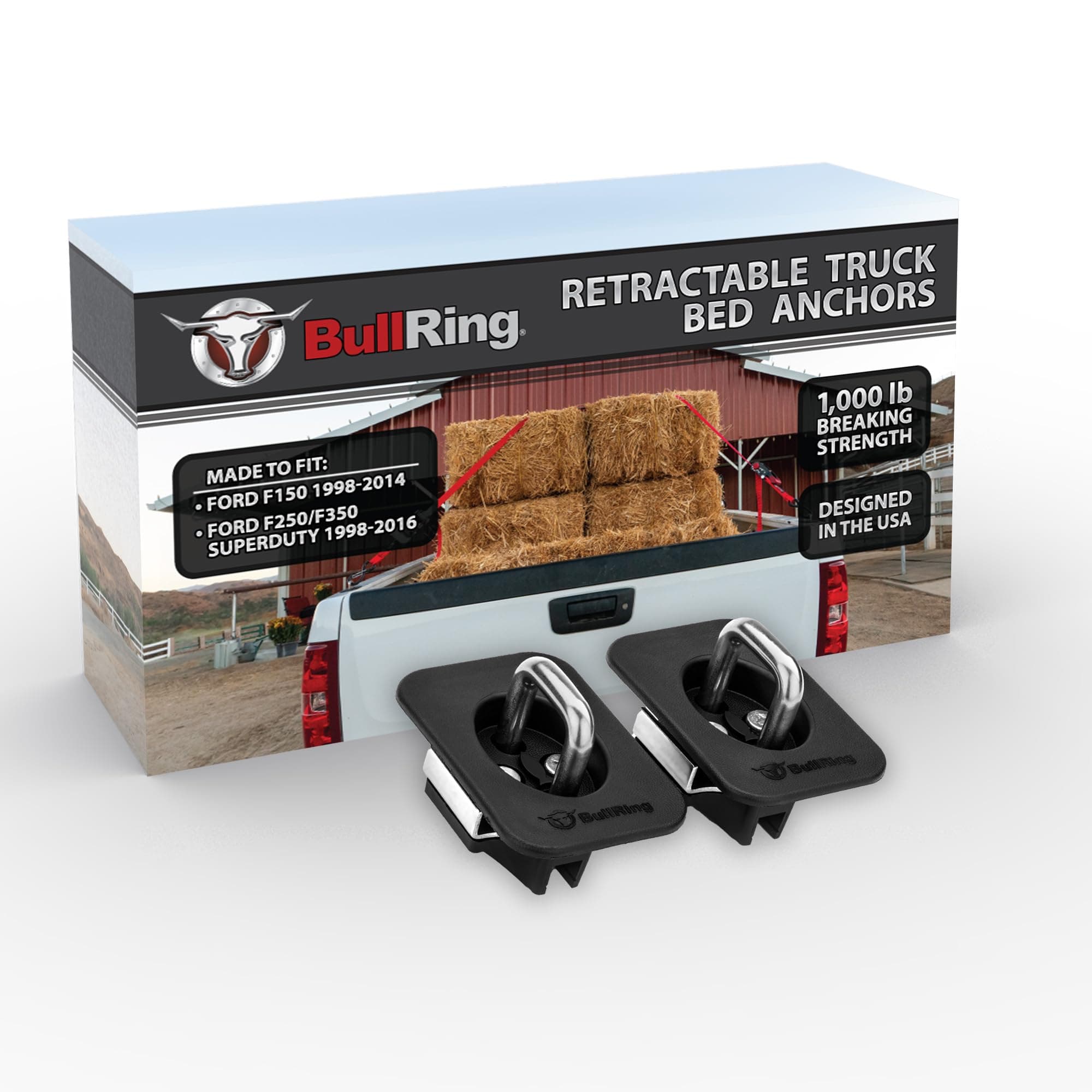 Bull RingFlush Fit Retractable Truck Bed Tie Down Anchors Compatible with 1998-2014 Ford F150, 1998-2016 Ford F250 & F350 Super Duty Trucks, Easy Installation, Stainless Ford Factory Look, 1 Pair