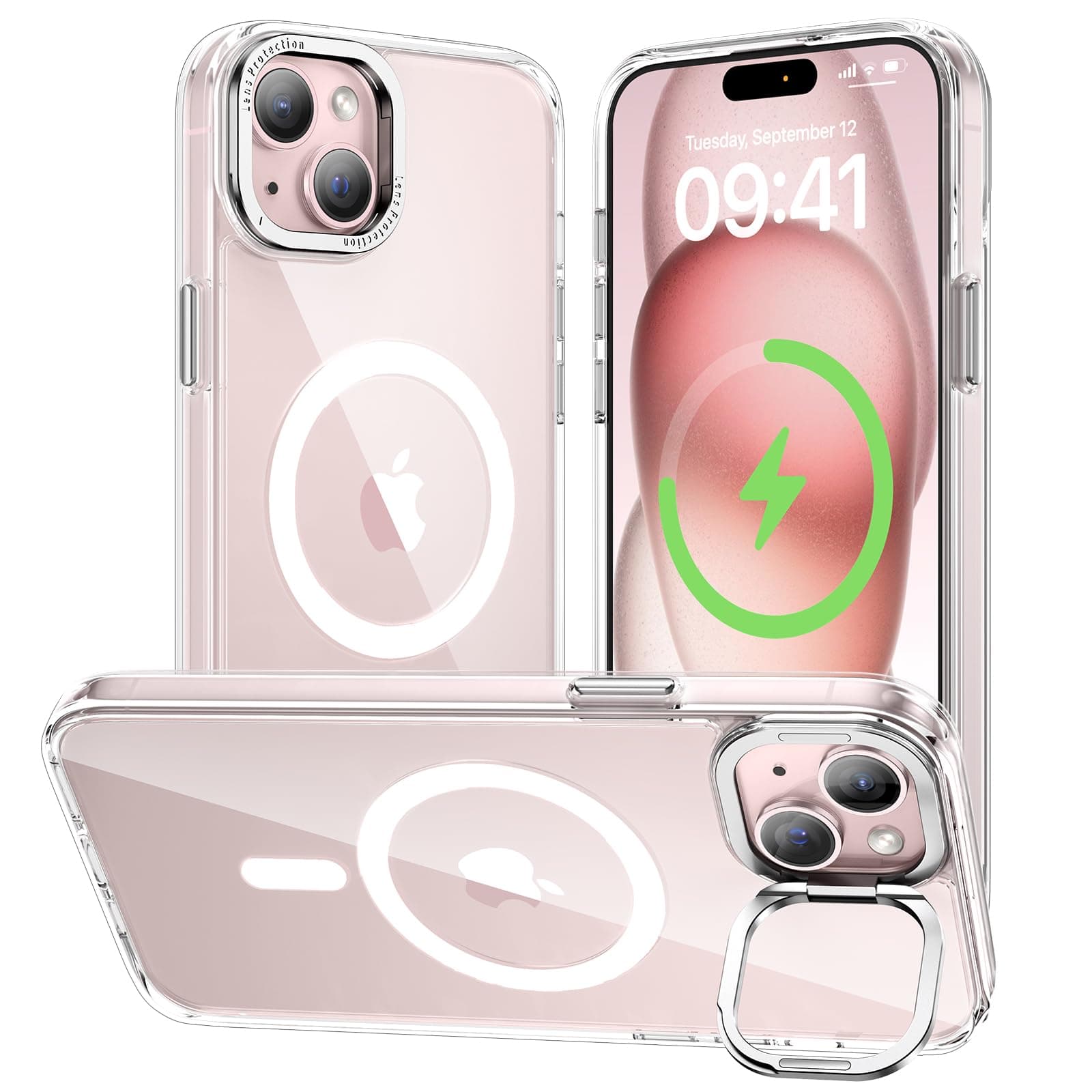 Diaclarafor iPhone 15 Case with Magnetic Lens Stand, Compatible with MagSafe, Anti-Yellowing Soft Edge and Anti-Scratch Hard Back, Slim Shockproof Magnetic Phone Case for iPhone 15, Clear