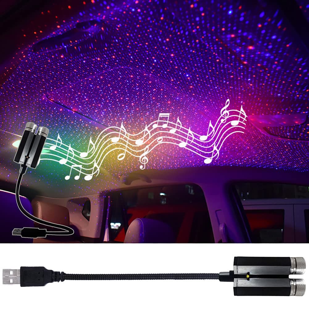 LEDCARE USB Star Night Lights Projector, Sound Activated 3 Modes 2 in 1 Interior Car Roof Lights, Adjustable Romantic Portable Car LED Light Decorations for Car, Ceiling, Bedroom (Red/Violet Blue)