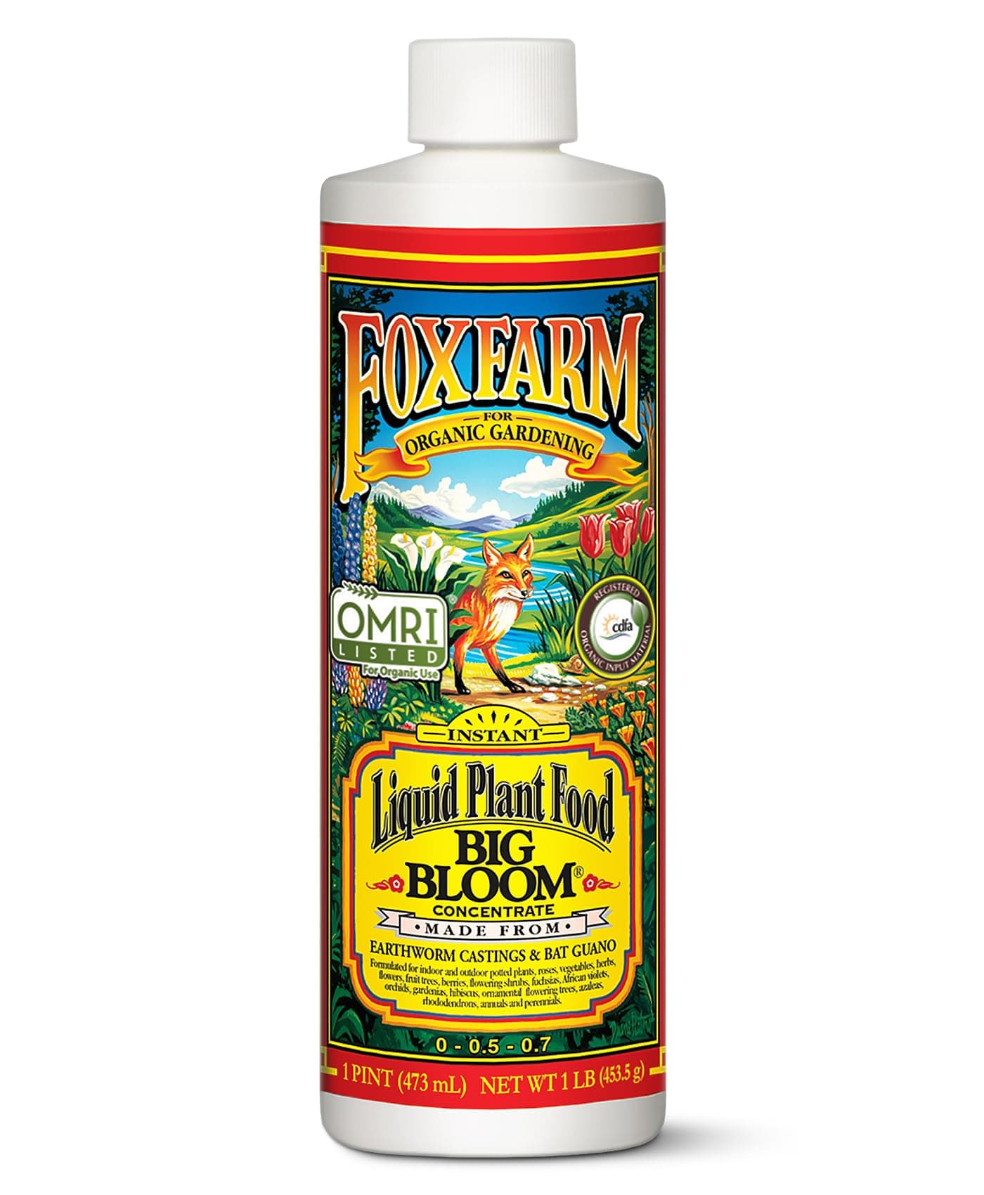 Fox Farm Big Bloom Liquid Plant Food - Organic Bloom Fertilizer for Flowering & Fruiting Plants, Contains Earthworm Castings & Bat Guano - Supports All Stages of Plant Growth - 0-0.5-0.7 NPK, 1 Pint