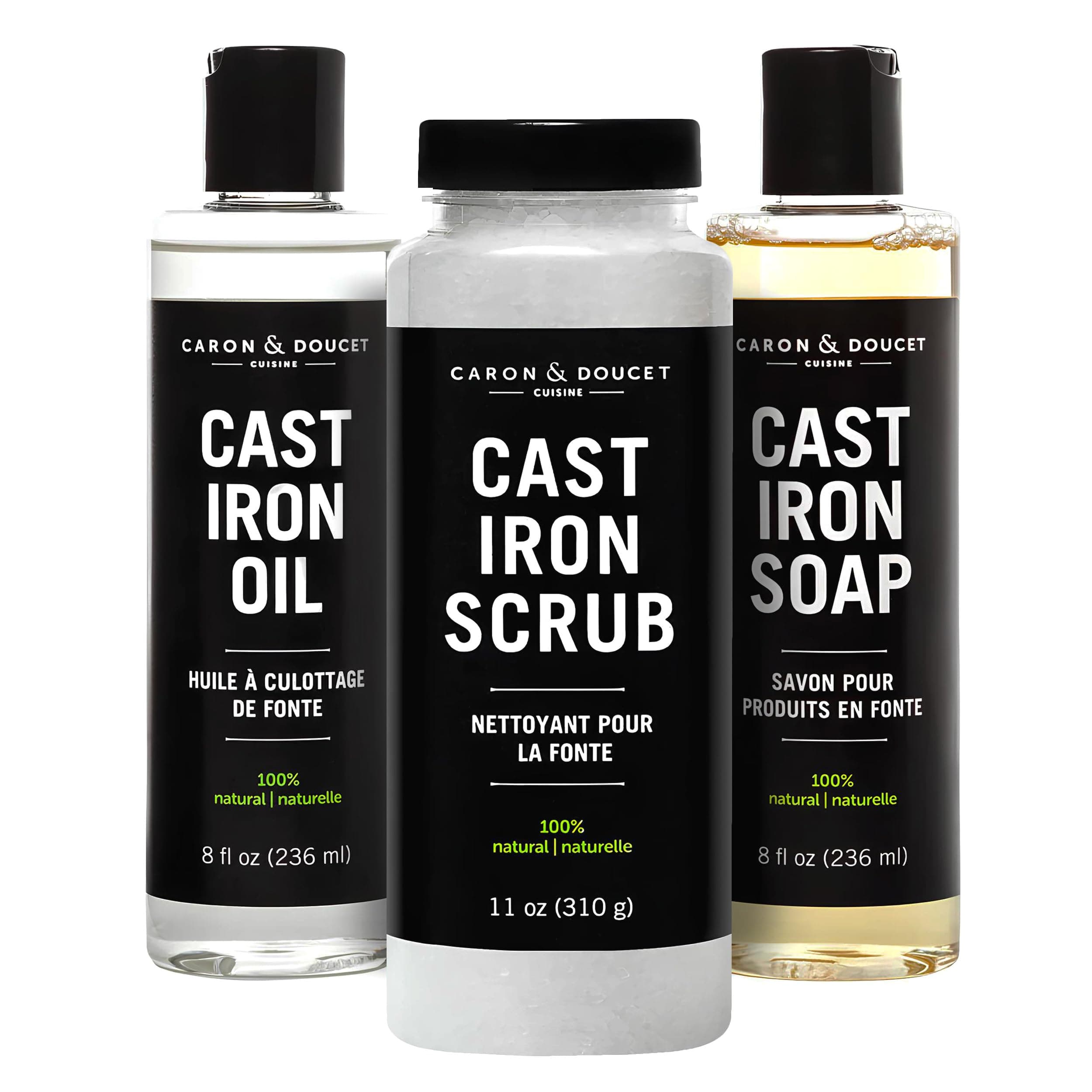 CARON & DOUCET - Ultimate Cast Iron Set: Seasoning Oil, Cleaning Soap & Restoring Scrub | 100% Plant-Based & Best for Cleaning Care, Washing, Restoring & Seasoning Skillets, Pans & Grills!