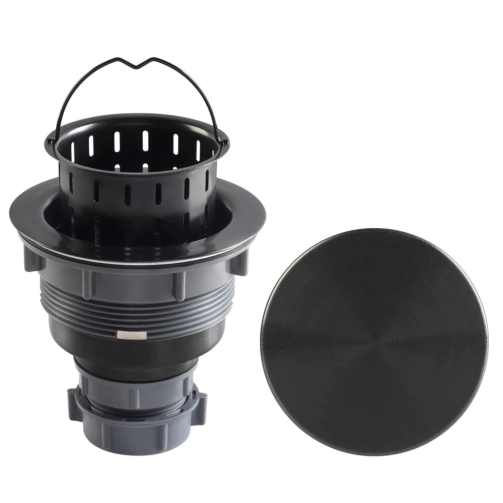 LQS Black Kitchen Sink Drain Strainer Assembly, Sink Drain Assembly with Removable Deep Sink Drain Basket and Decor Flat Cover Stopper Lid 3-1/2-inch, Sink Drain, Light Black