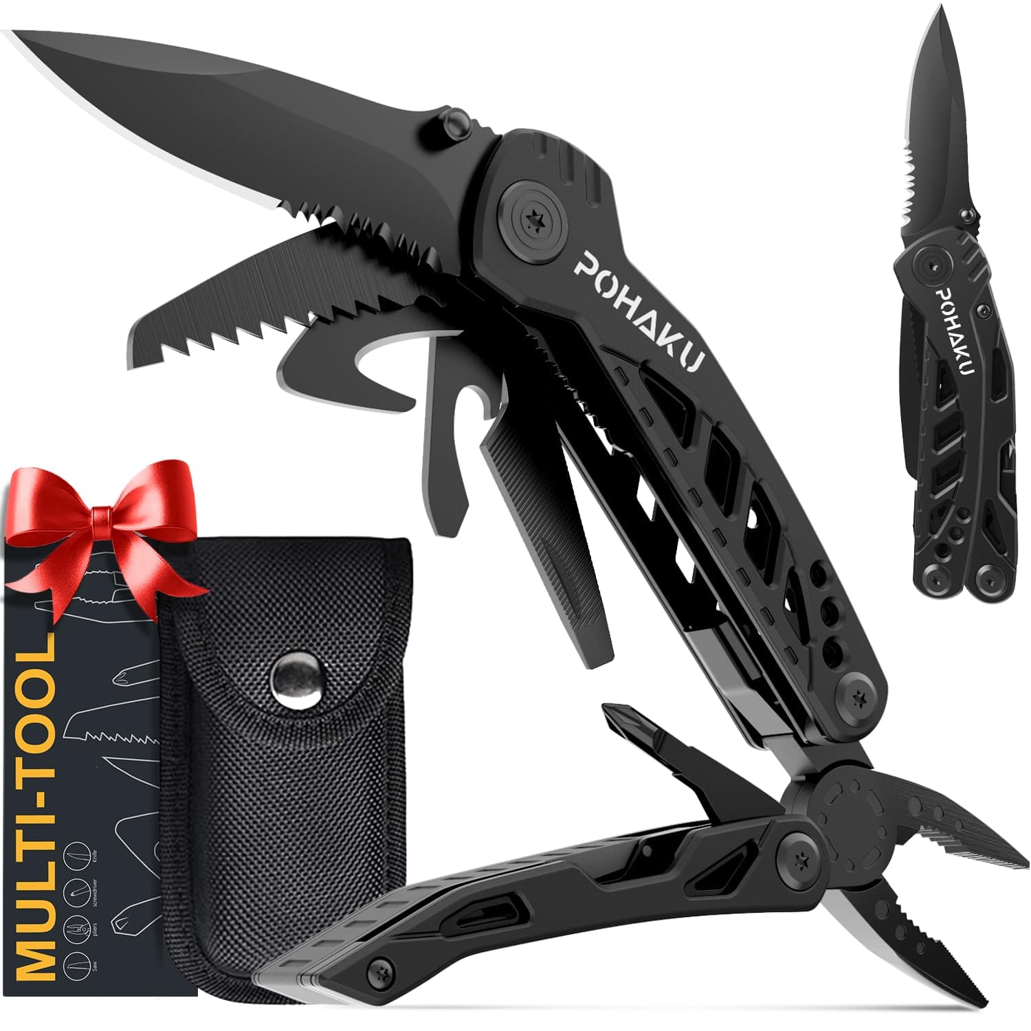 Pohaku Multitool Pocket Knife, Gifts for Men, 13 in 1 Pocket Multi Tool with 3" Large Blade, Safety Locking Design, Spring-Action Plier, Durable Nylon Sheath for Camping, Fishing, Survival, Hiking