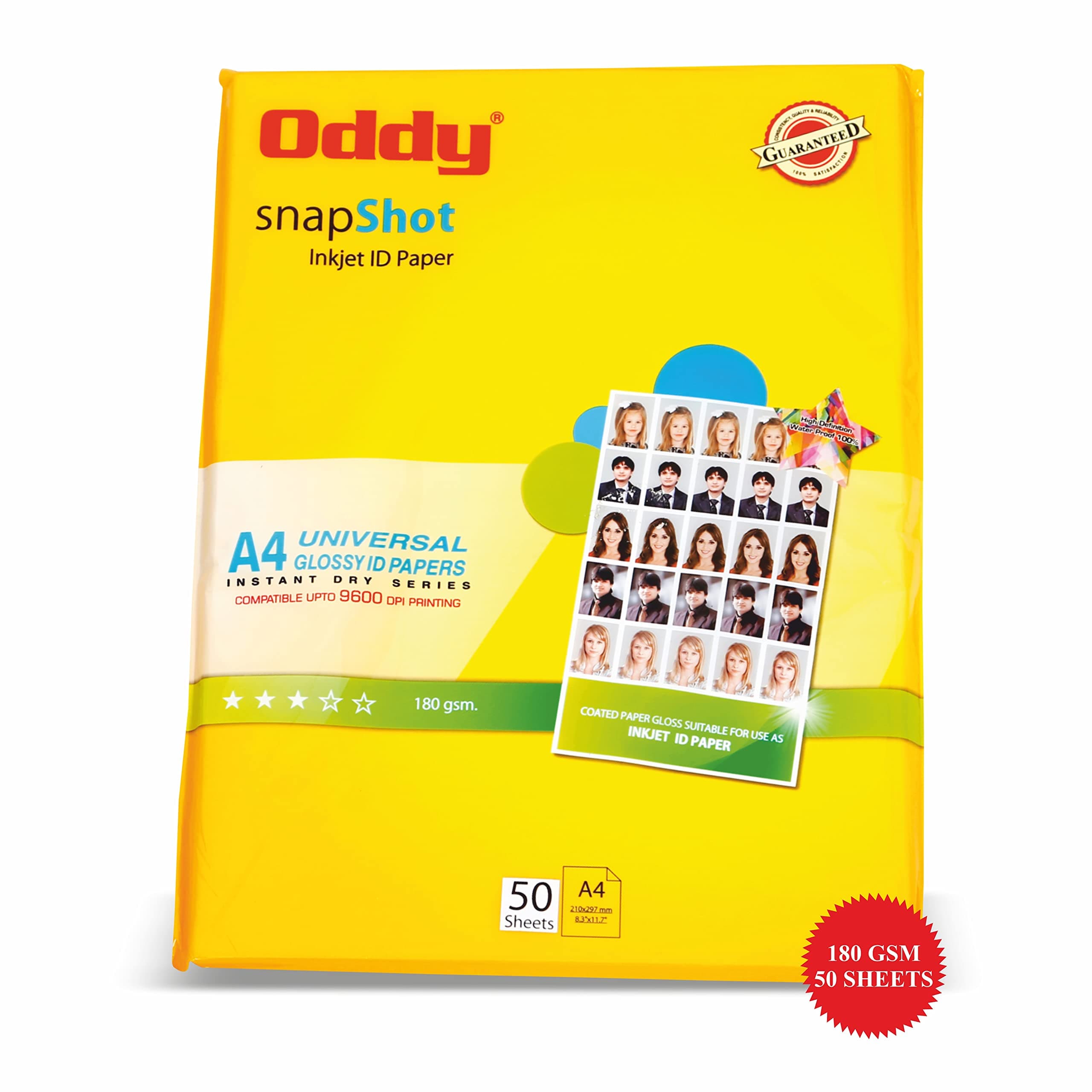 Oddy 180 GSM A4 Size Glossy Photo Paper – Water Proof, Instant Drying, Pack of 50 Sheets, Compatible with Inkjet Printer