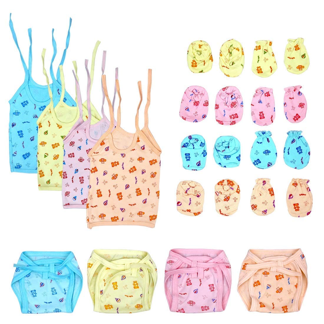 New Born Baby Care Cloth Set Combo (Pack Of 16, Jhabla, Nappy, Mittens And Booties, Hosiery Material, Random Printed (Multicolor) (Assorted), Medium