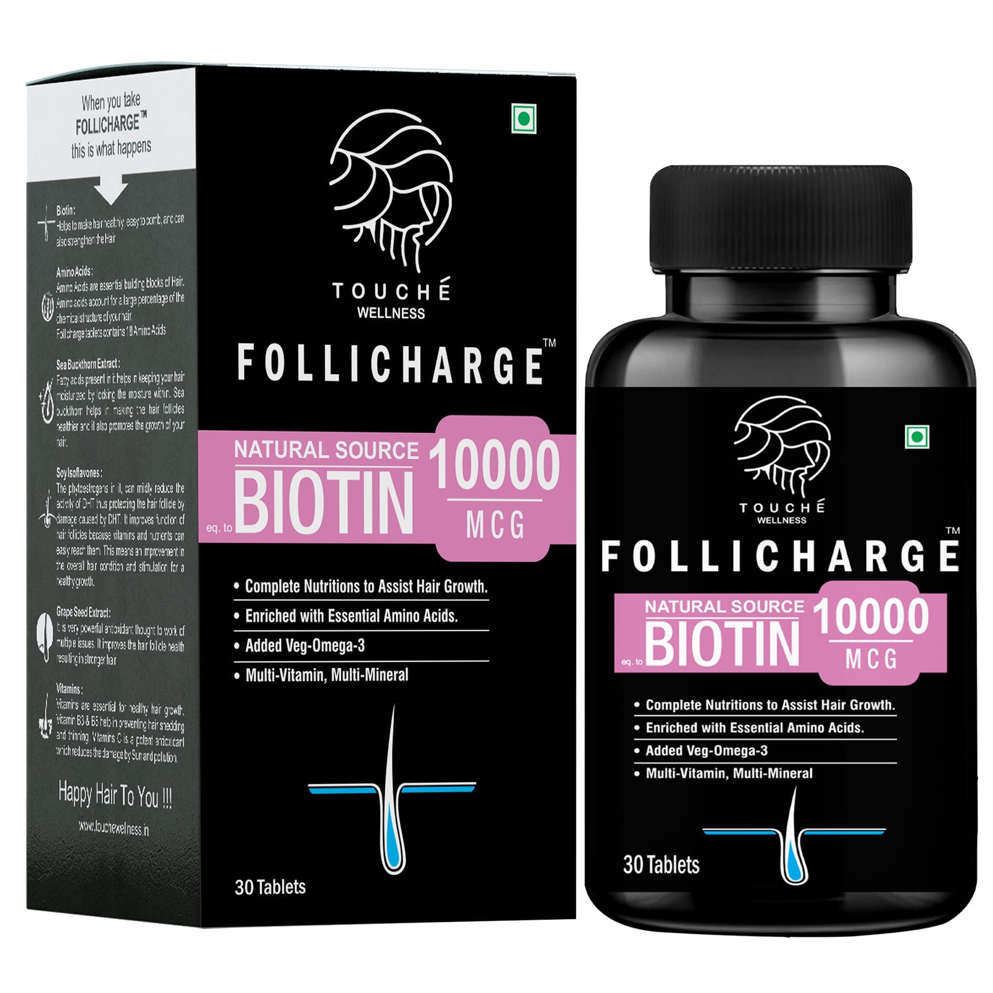 Touche Wellness Follicharge Tablets for Hair & Skin - Premium Formula with Biotin 10000 mcg with 18 Amino Acids, Mutli Minerals & Multivitamins for Men And Women 30 Tablets Bottle