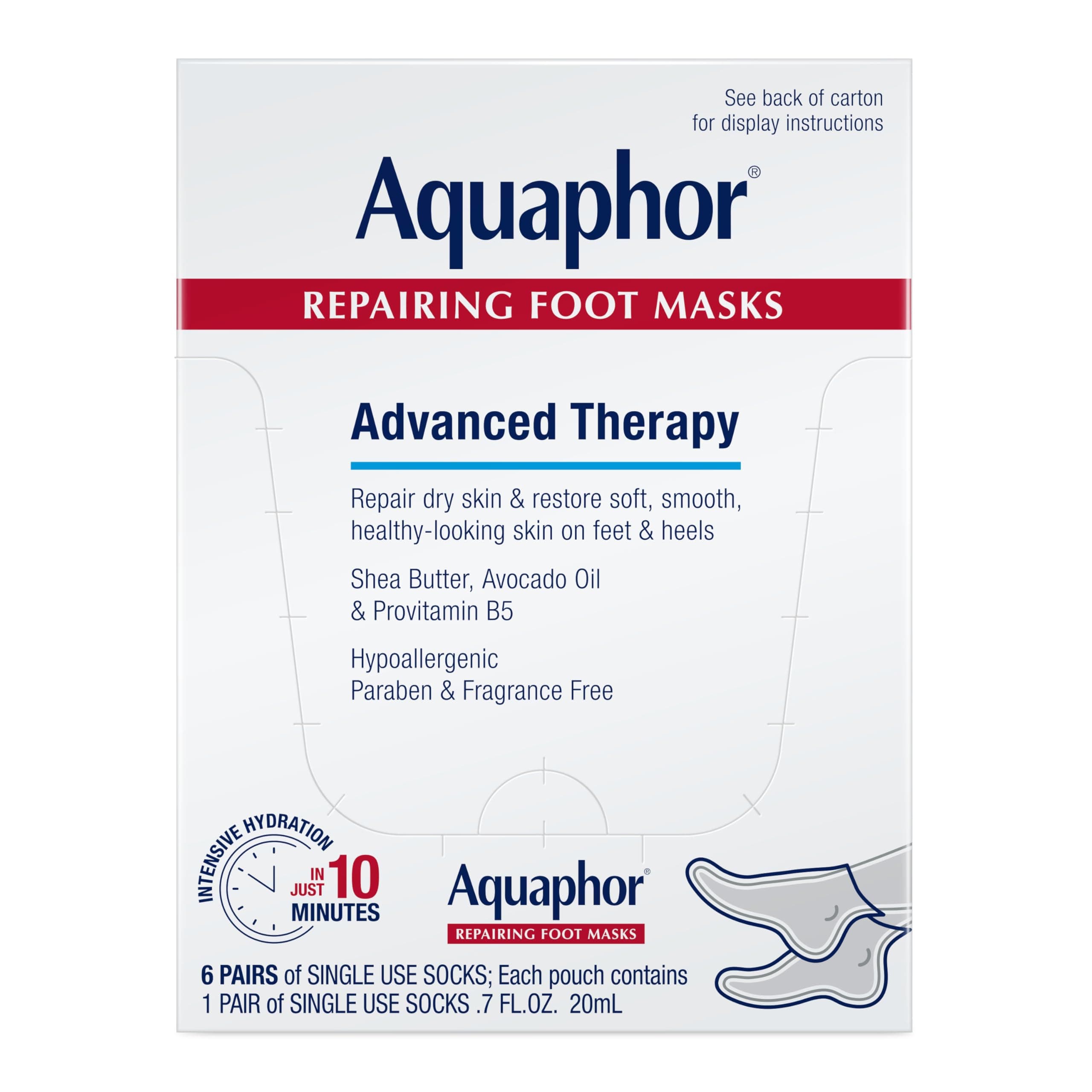 Aquaphor Repairing Foot Masks, Moisturizing Socks for Dry Feet, Hydrating Foot Care Treatment with Avocado Oil and Shea Butter, Pack of 6