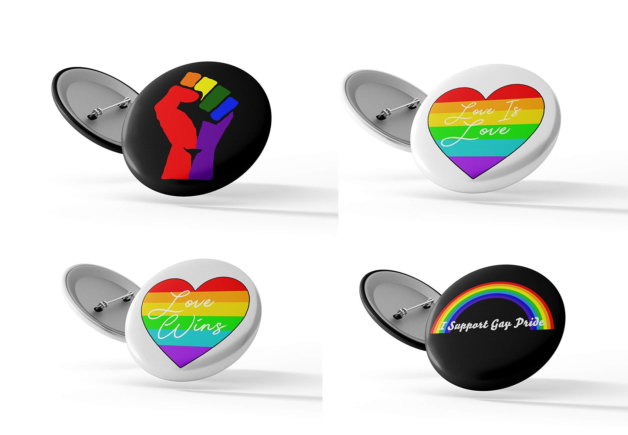 Millhouse Prints Gay Pride Badge Set - 25mm Badge Pack Of 4 - Rainbow, Love Heart, LGBT, Pride Support, Love Is Love, Love Wins, Fist