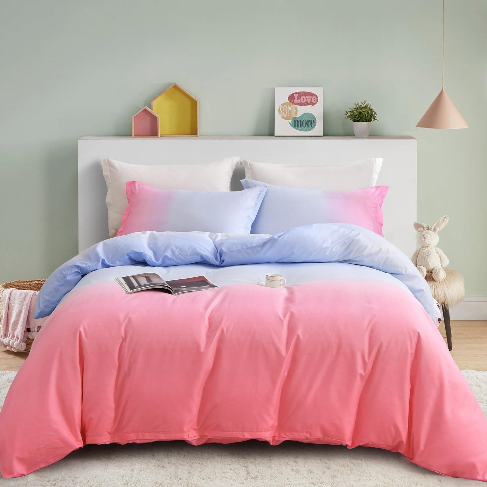 Guchuang Bedding Pink and Purple Bedding Set Double Size Ombre Rainbow Duvet Cover Soft Brushed Microfiber Quilt Cover for Kids Girls Teens Adults with 2 Pillowcases Zipper Closure 200x200cm