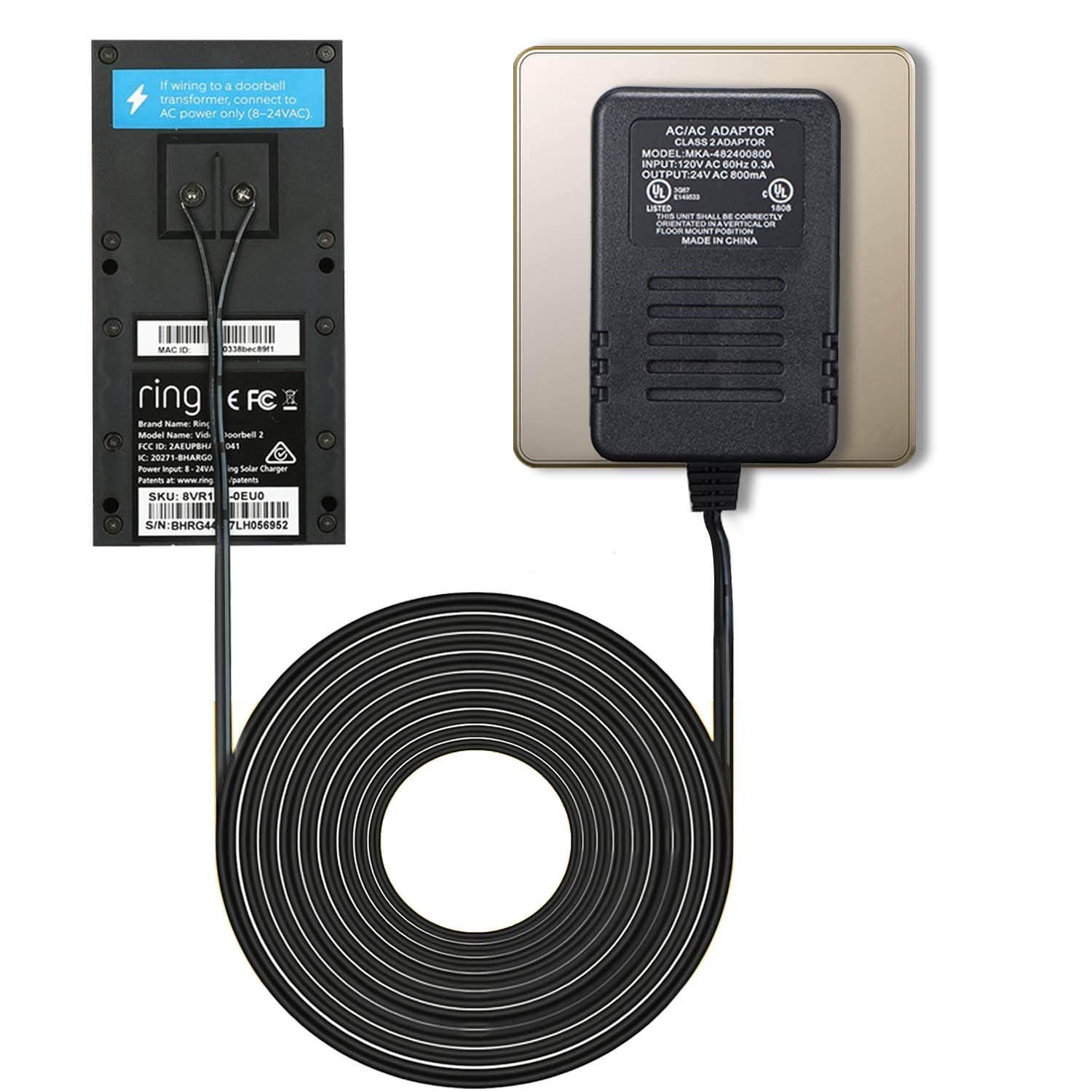 ODELENWA 24V Doorbell Transformer, Power Adapter Compatible with Smart Video Doorbells, UL Certified 1.8+3M Cable Power Supply, Black