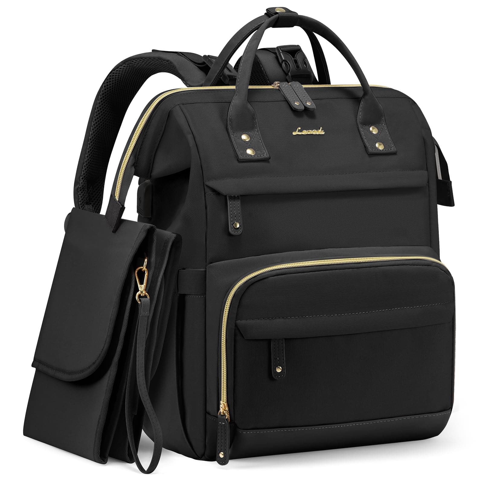 Diaper Bag Backpack, Baby Bag with Changing Station, Large Diaper Backpack for Moms Dads, Waterproof Leather Accents Baby Boy and Girl Bag for Travel Baby Essentials, Black