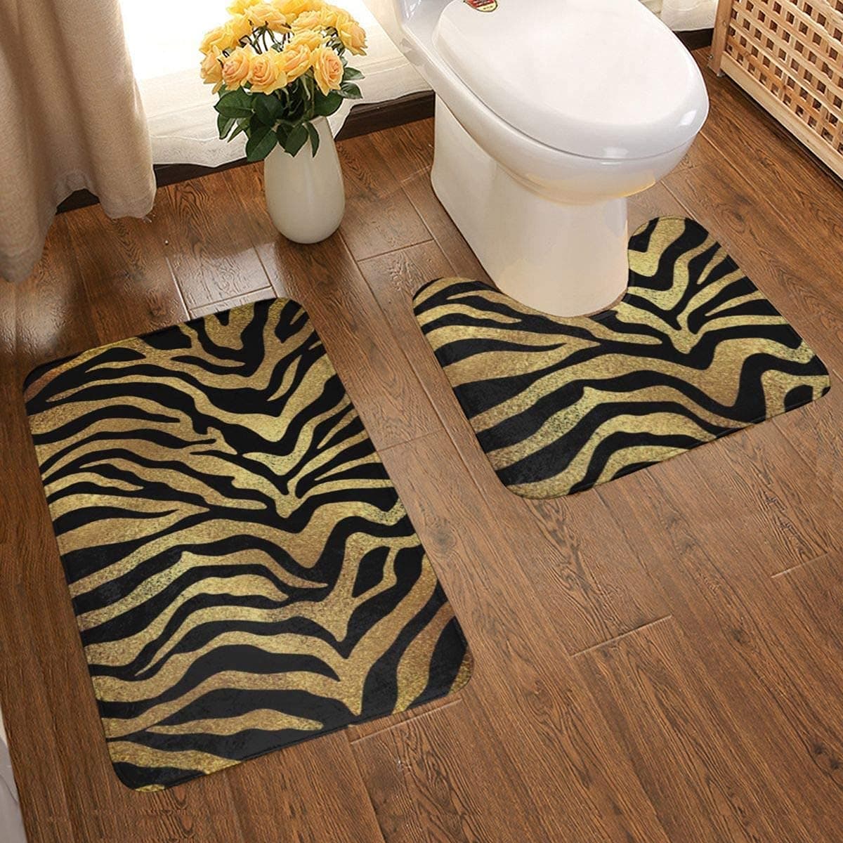 Soft Comfort Flannel Bathroom Rug Mats Safari African Gold Glam Zebra Animal Skin Black Non Slip Bath Mat Entry Rugs 2pcs/Set Carpet Rugs Washable Doormat