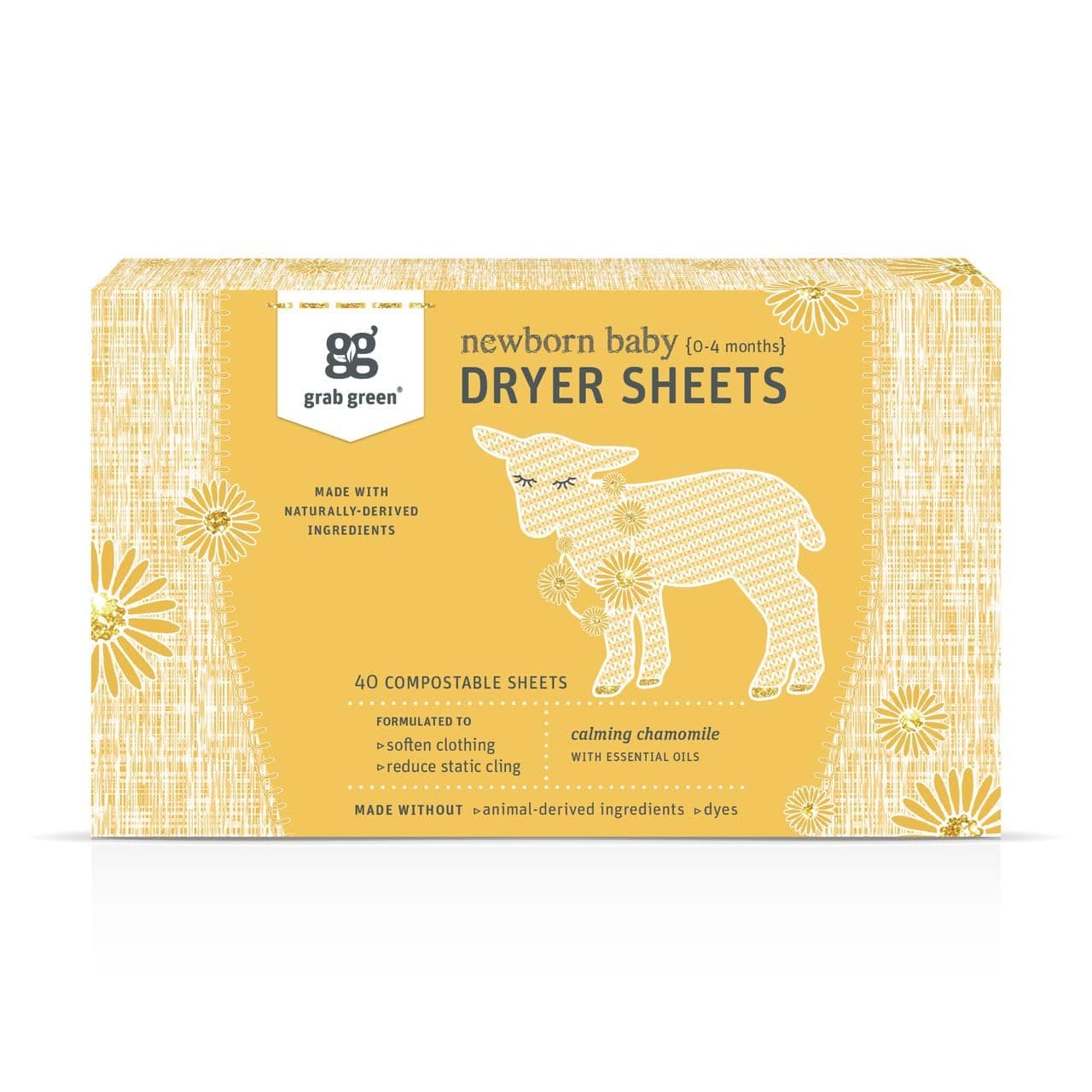 Grab GreenNewborn Baby Dryer Sheets, 40 Sheets, Chamomile Scent, Plant and Mineral Based, Compostable, Softens Clothing and Linens, Reduces Static Cling