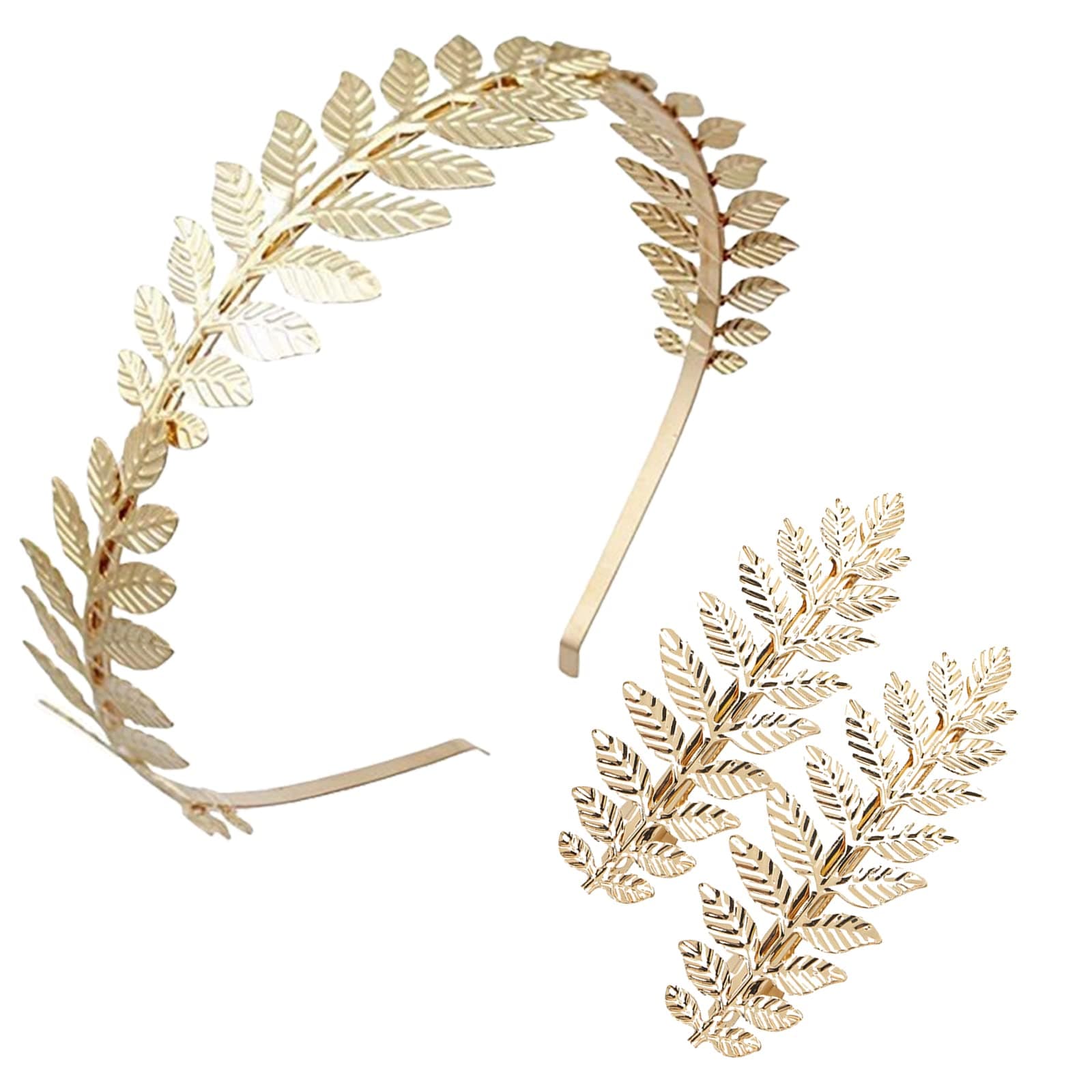 VEGCOO 2 PCS Gold Leaves Hair Clips with Leaf Headband, Vintage Roman Goddess Headdress Bride Golden Leaf Hair Crown Hair Barrettes Headband for Wedding Party Fashion Show