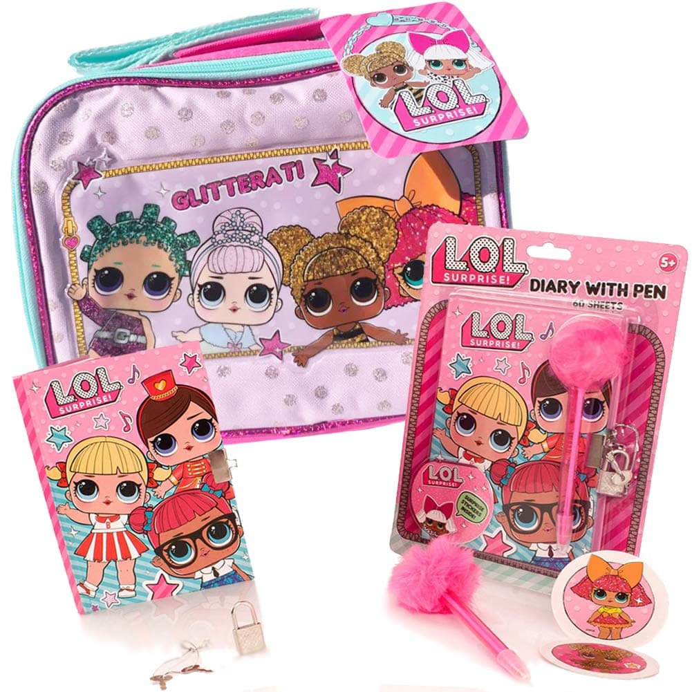 LOL Surprise Lunch Box 4 Pack Bundle with LOL Dolls Glitter Lunch Bag, L.O.L Diary, LOL Surprise Glam Pen, and LOL Surprises Stickers, New LOL Series Holiday Stocking Stuffer Toys for Girls