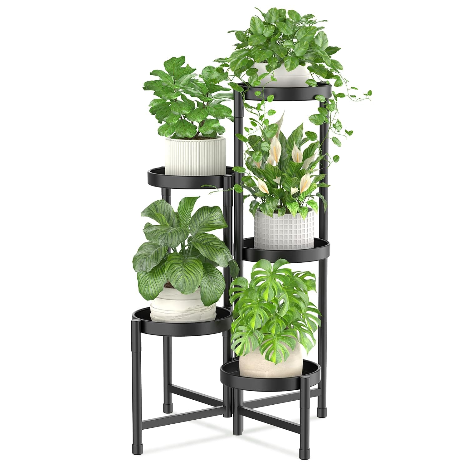 iDavosic.ly Plant Stand Indoor Outdoor, 5 Tier Corner Metal Flower Display Holder Shelf, Easy Assembly Folding Tall Orchid Rack for Patio Balcony Porch Garden Living Room House, Black