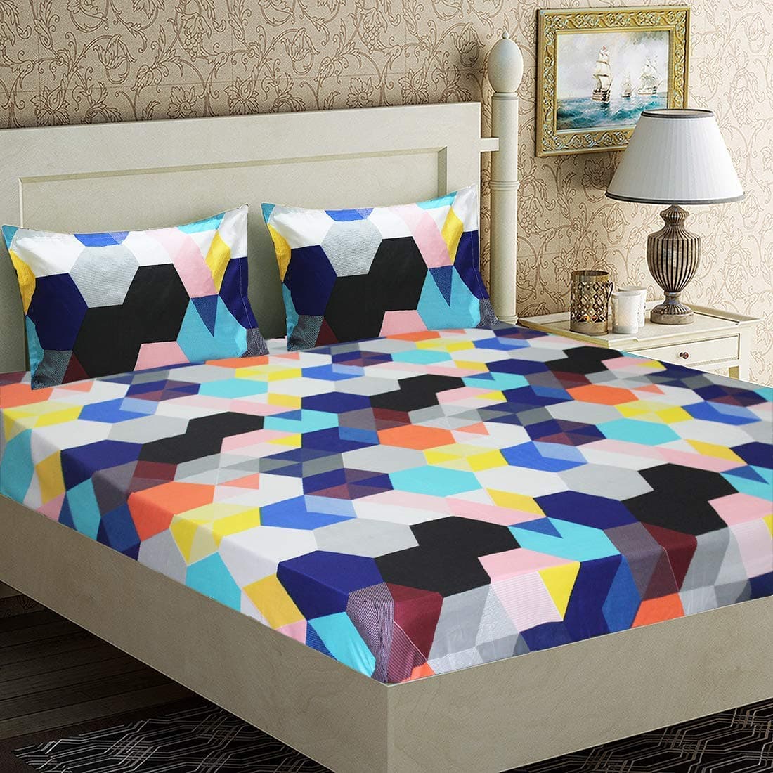 Sky Tex Elastic Fitted Multi Color Cotton Hexagons Printed 3D Printed Super Soft 160 TC Fitted King Size Double Bed Sheet with 2 Pillow Covers (Buy This Bed Sheet & Get 1 N - 95 Mask Free)