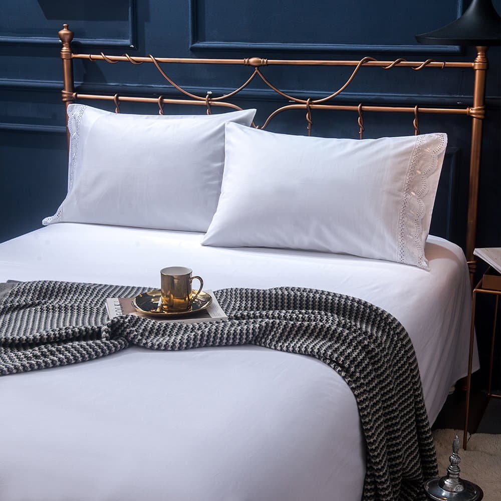 Merryfeel Cotton Lace Sheet Set,100% Cotton Sateen 300 Thread Count Embroidered Lace Sheet Set,4 Pieces Hotel Collection Bedding Set- Full White