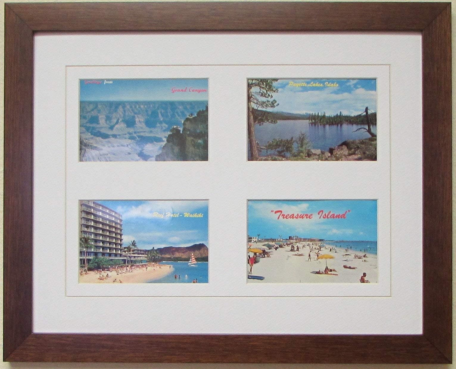 Post Card Frame for Four (4) 3.5" X 5.5" Post Cards Walnut Frame with White (White Trim) Matting