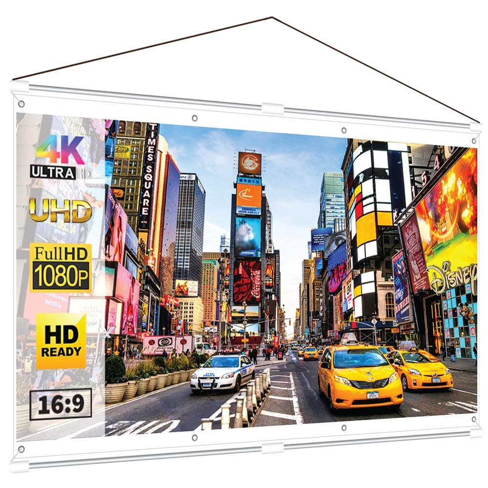 JaeilPLM Indoor, Outdoor 120 Inch 16:9 Projector Screen. Instant Wrinkle-Free Triangle Hanging Design. 4-Hook Tension Technology. For Home Theater, Gaming, Office, and Movie Projection. 4K Compatible.