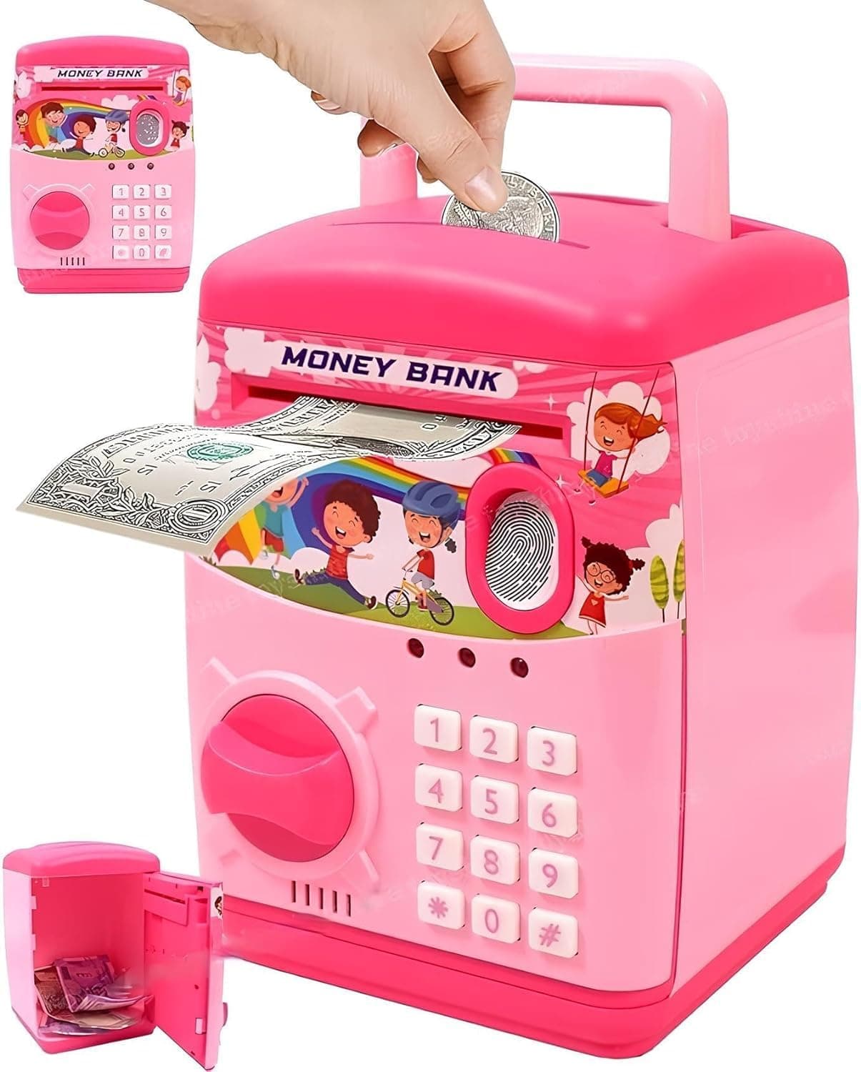 Premium Piggy Bank For Kids With Finger Print Smart Sensor Atm Savings Money Bank With Electronic Lock For Kids, Modern, Pink