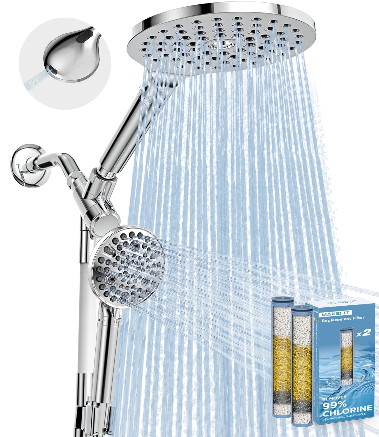 Dual Filtered Rain Shower Head Combo, High Pressure Handheld Shower Head with Adjustable Bar - 8’’ Rainfall Shower Head And 10-Mode Showerhead with Filter for Hard Water - Removes Chlorine