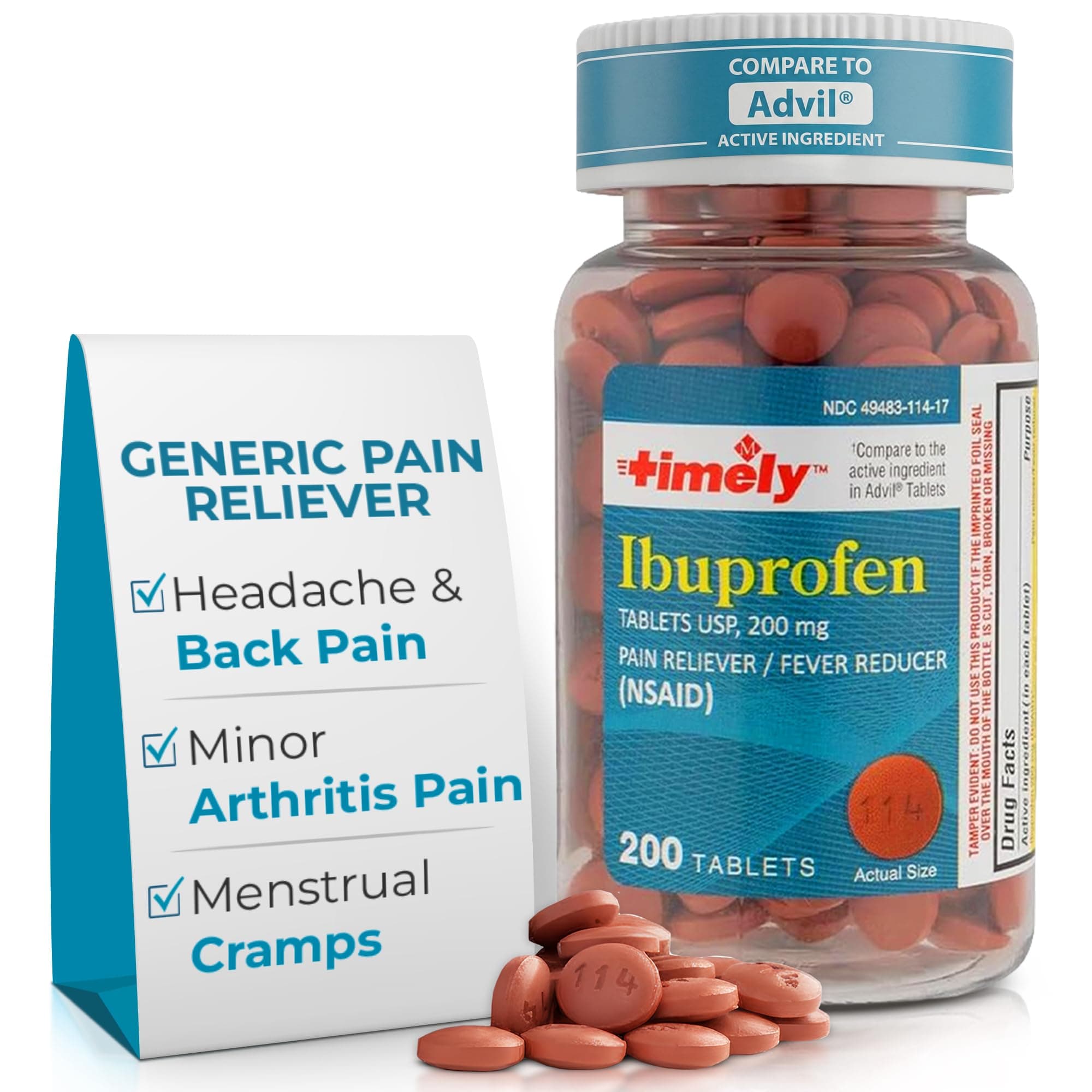 TIME-Cap Labs 200 Tablets Ibuprofen 200mg Coated - Pain Reliever & Fever Reducer (NSAID) for Adults, Helps with Headache, Back Pain, Muscle Aches, Toothaches, Menstrual Cramps & Minor Arthritis Pain