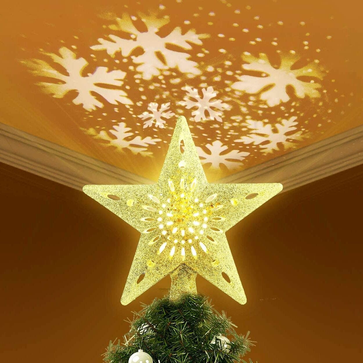Lighted Christmas Tree Toppers with Snowflake Projector, KINGWILL 2-in-1 Gold Glittered 5 Point 9.8 Inch Star Tree Topper Snowfall LED Lights, Night Light for Christmas Nursery Indoor Decoration