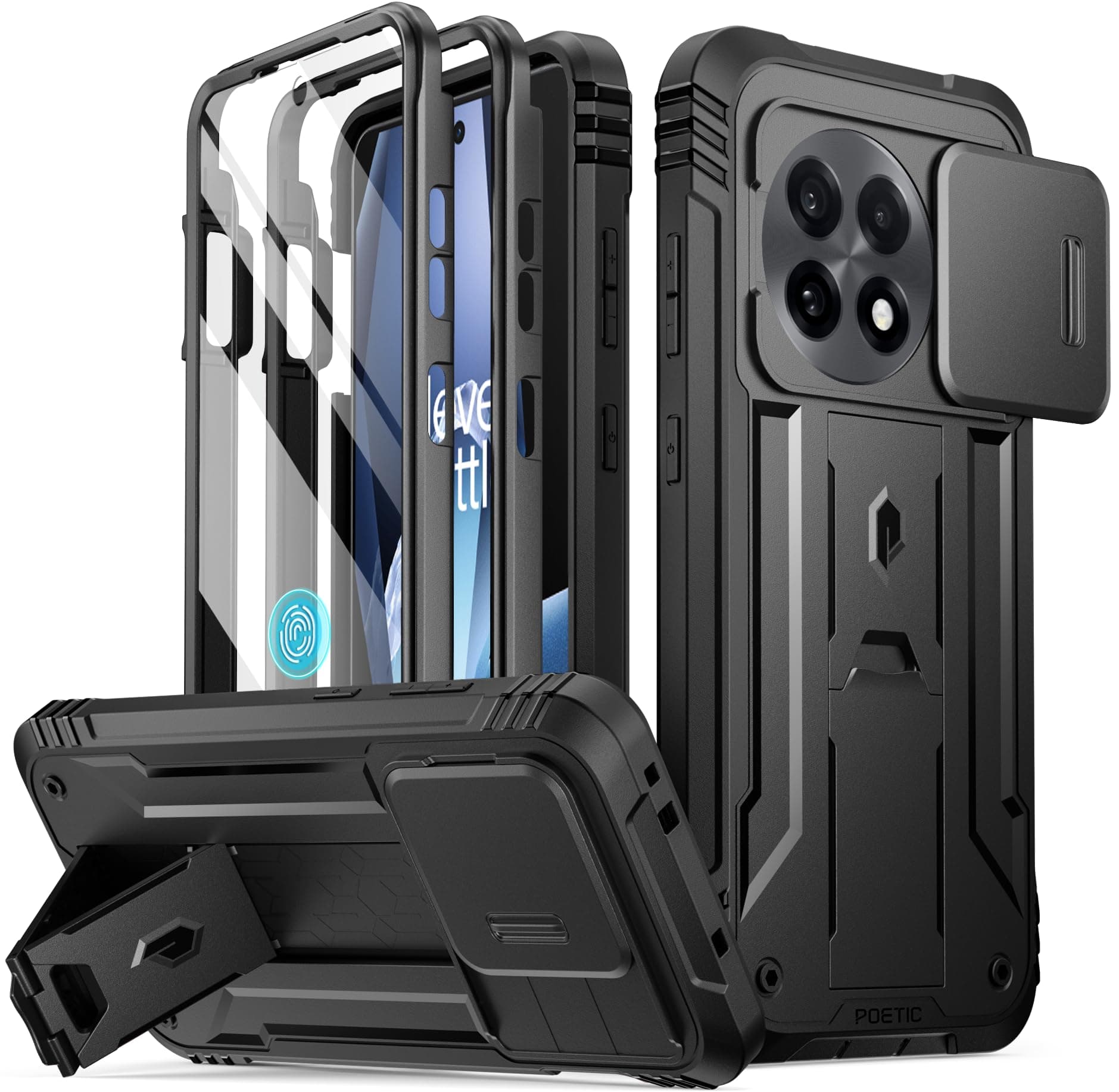 Poetic Revolution Case for OnePlus 13R 5G, [Slide Camera Cover], Built-in Screen Protector [Work with Fingerprint ID], [2 Front Frame] Full Body Rugged Shockproof Case with Kickstand, Black