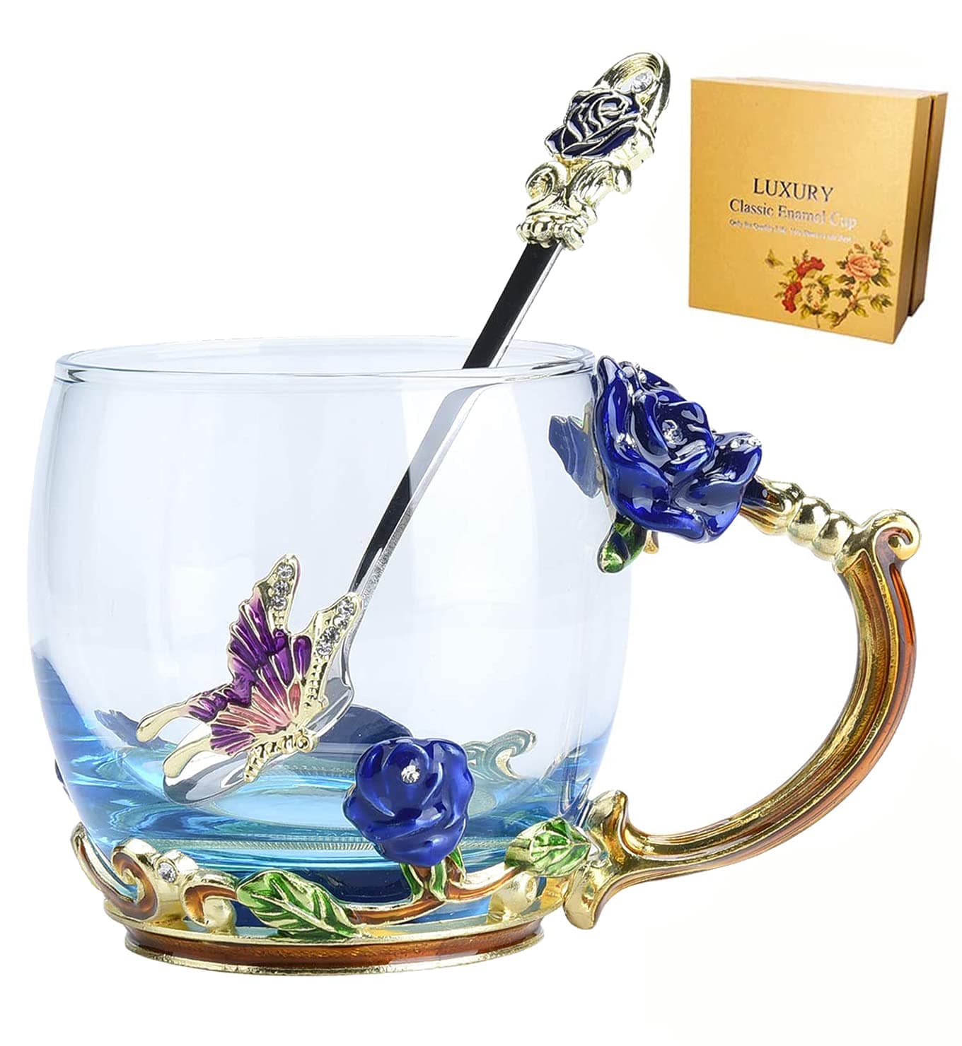 Glass Mug Set Handmade Enamel Butterfly and Blue Rose Flower Tea Cups with Handle, Unique Personalized Birthday Present Ideas for Mother's Day Gifts,Christmas, New Year (Blue-Short)