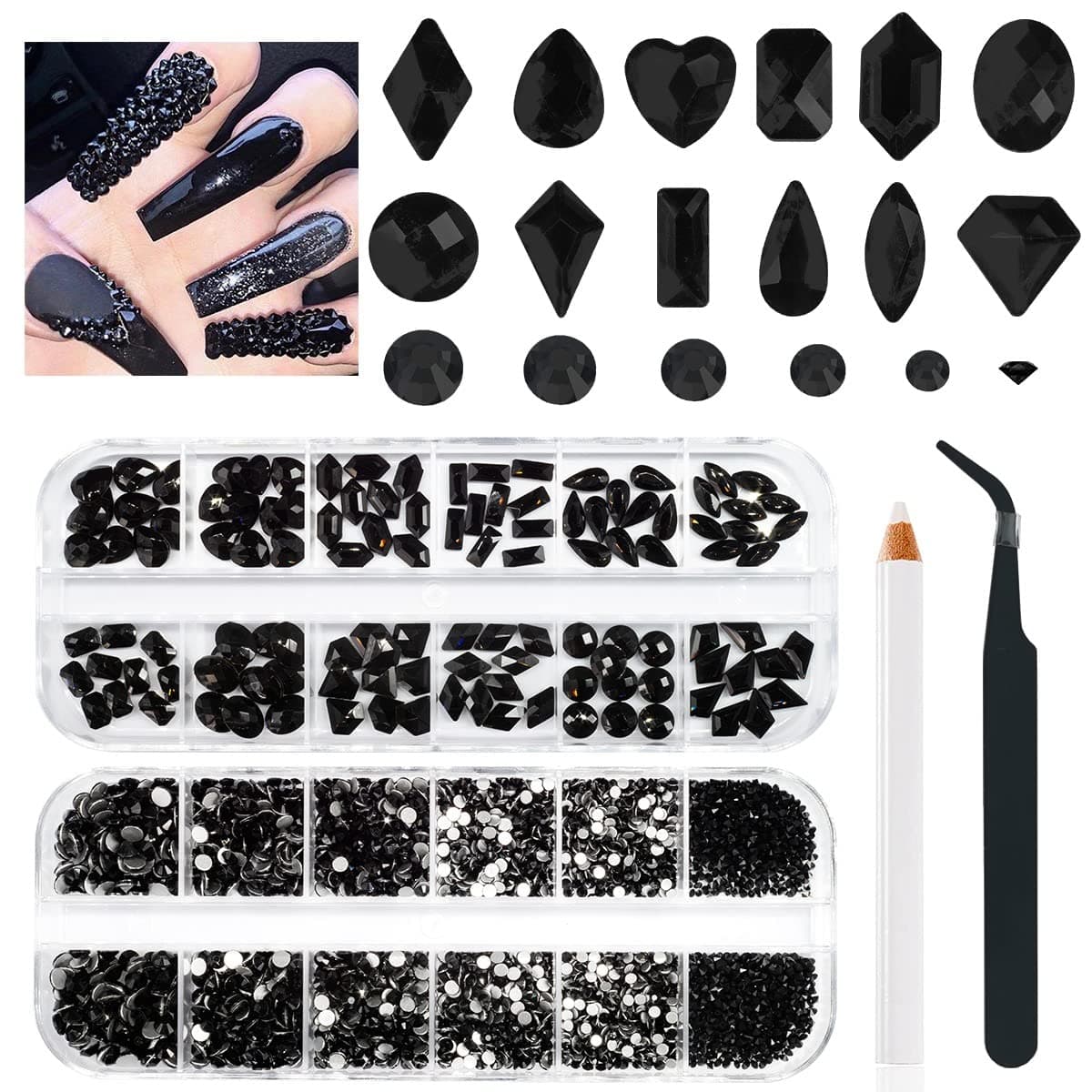 qiipii Black Nail Rhinestones Crystal Flatback Jet Black Rhinestones Round Beads Glass Gems Stones Nail Art Gems Diamonds jewels Multi Shapes Sizes Nail Charms for Nail DIY Eyes Makeup Crafts Clothes