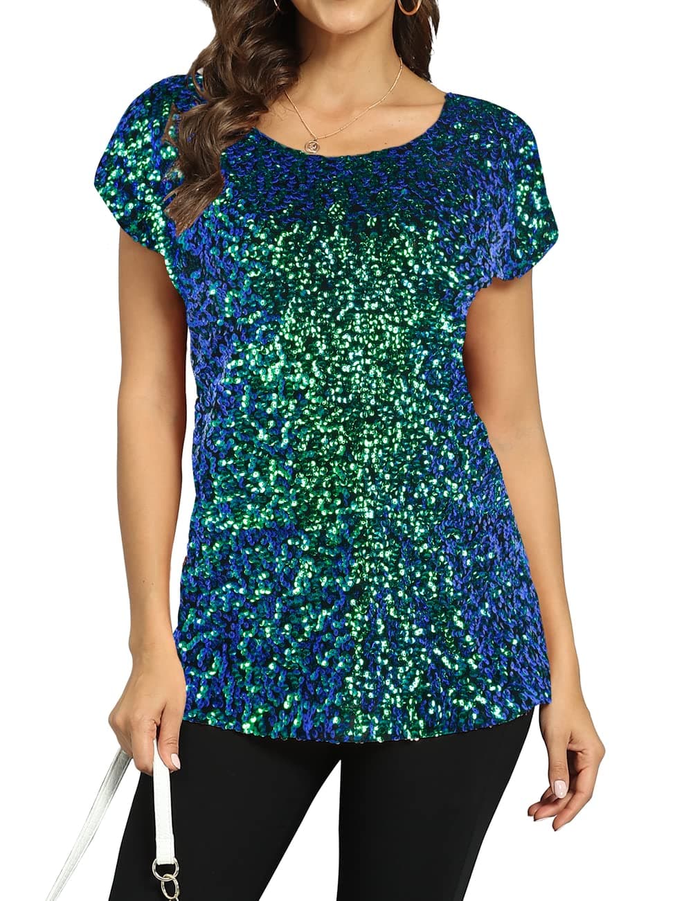 PrettyGuide Women's Sequin Top Shimmer Glitter Loose Bat Sleeve Party Tunic Tops