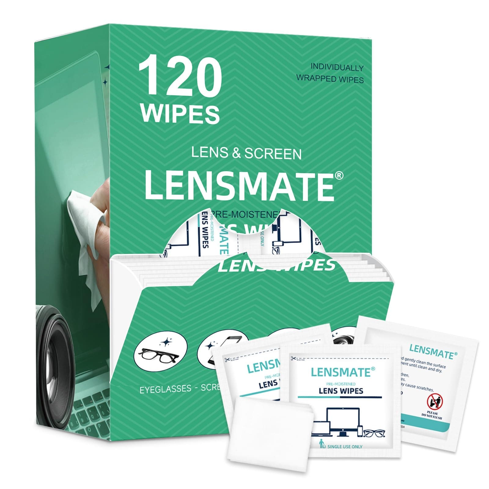 Lensmate 120 Count Lens Wipes for Eyeglasses, Pre-Moistened & Individually Wrapped Eyeglass Wipes, Lens Cleaning Wipes for Eyeglasses, Sunglasses, Goggles and Camera Lens