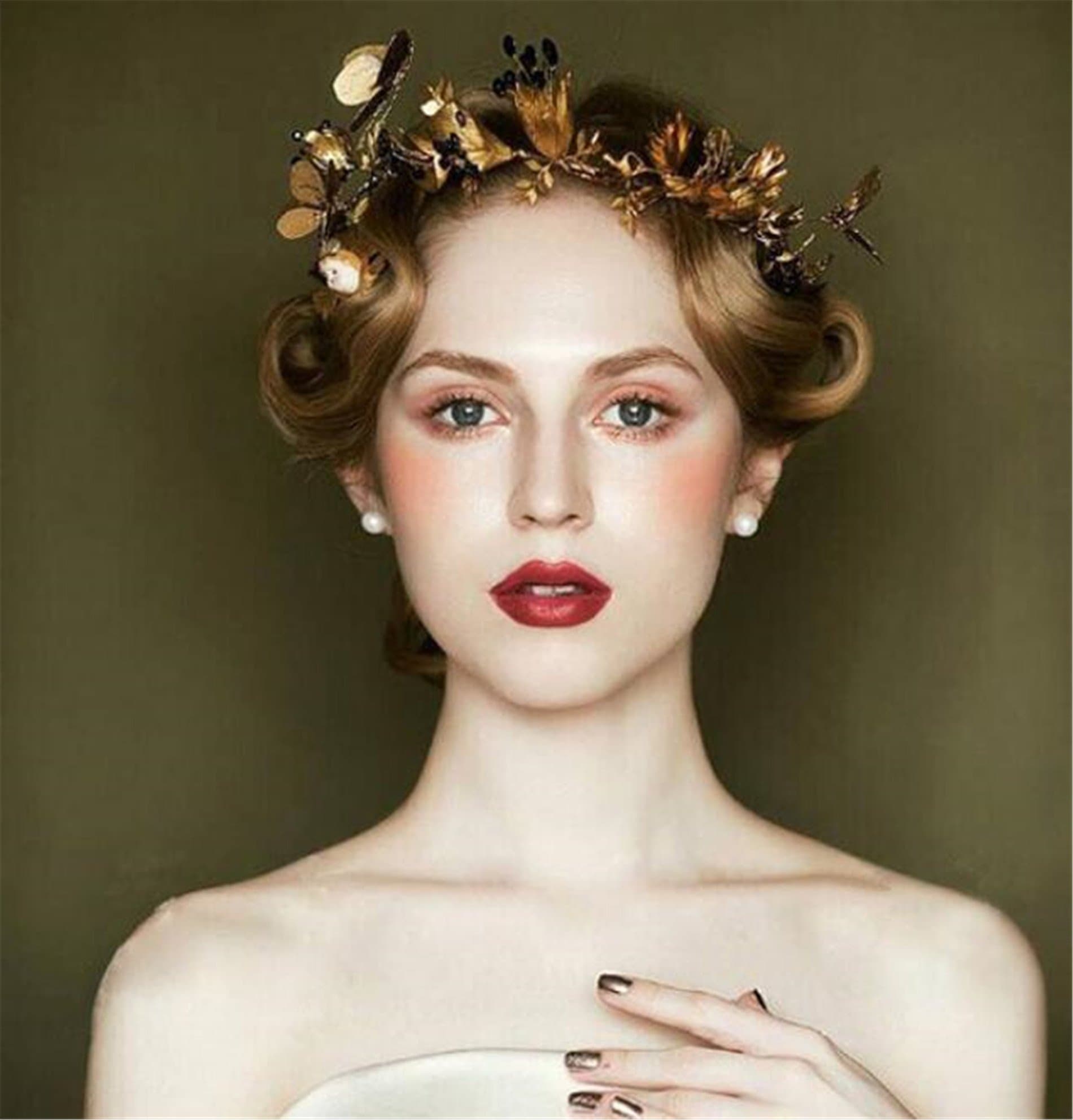 Lefox Baroque Gold Leaf Rhinestones Wedding Tiara Crown Butterfly Dragonfly Headband Bridal Hair Accessory Hairwear(#45)