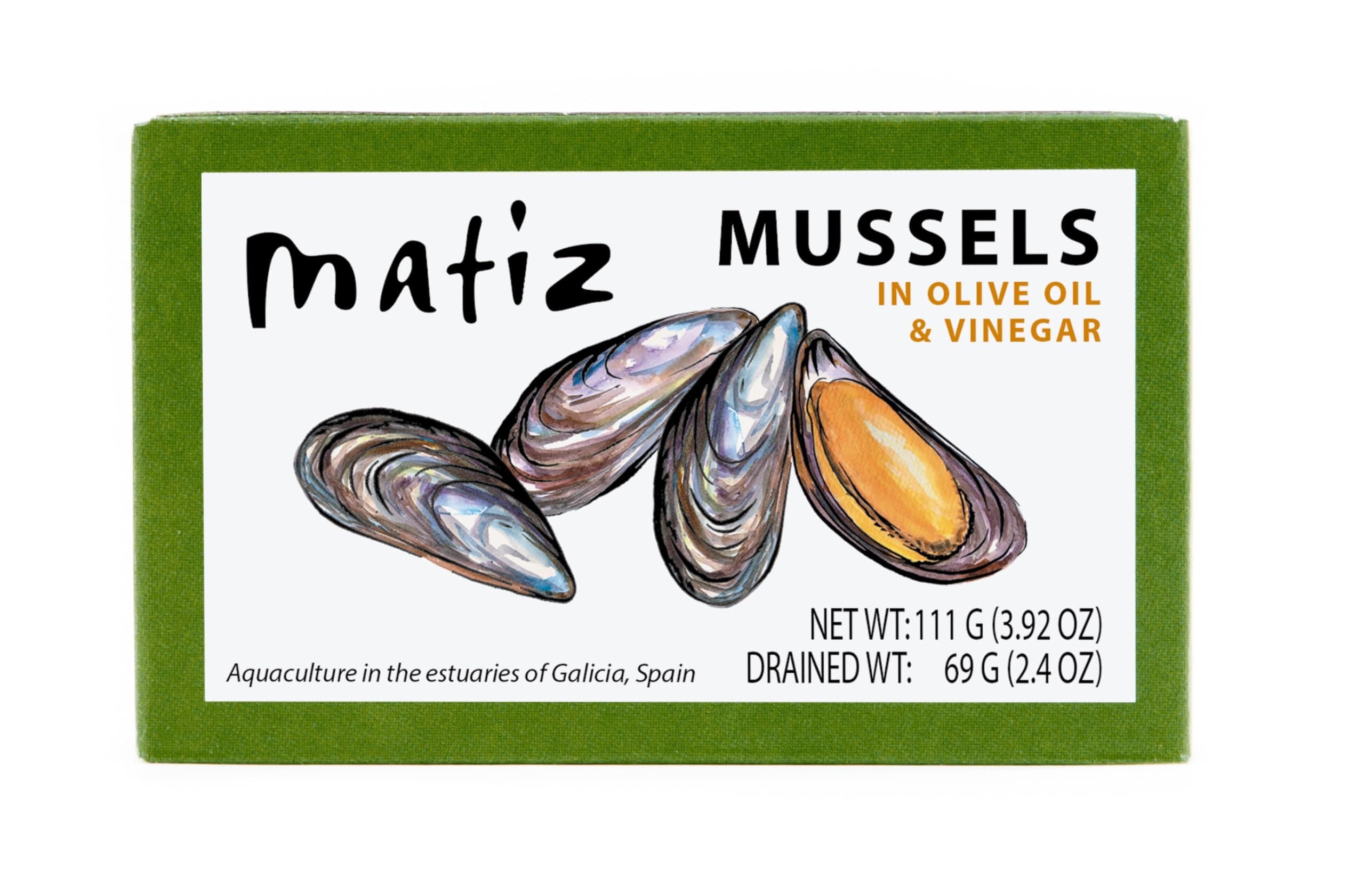 Matiz España Mussels in Extra Virgin Olive Oil & Apple Cider Vinegar | 3.92 oz. - 12 Pack | Handcrafted in Galicia, Spain | Sustainably Cultivated Mussels with Spices |