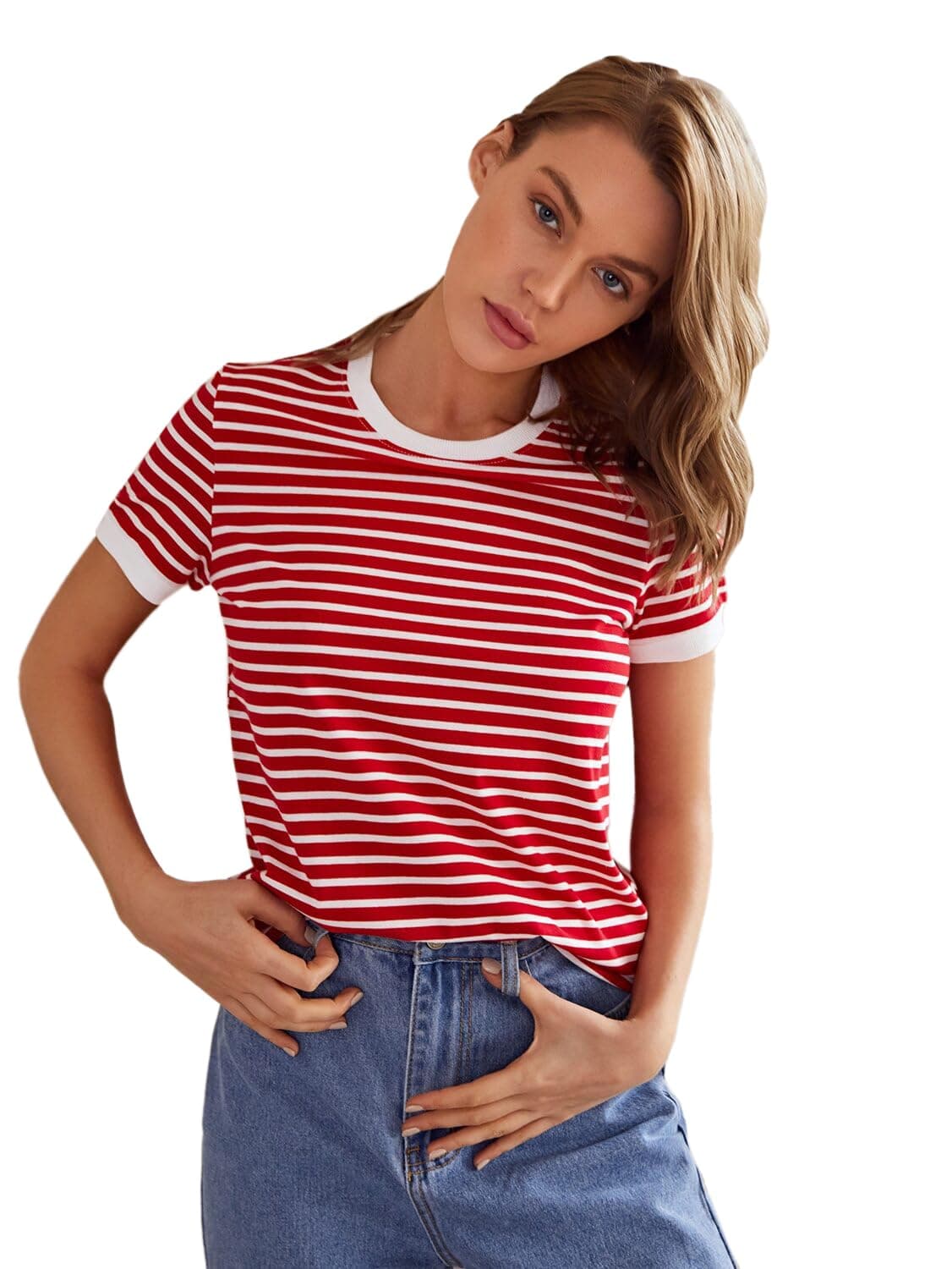 TOPLOTStripe Printed Short Sleeve Regular Fit Top for Women