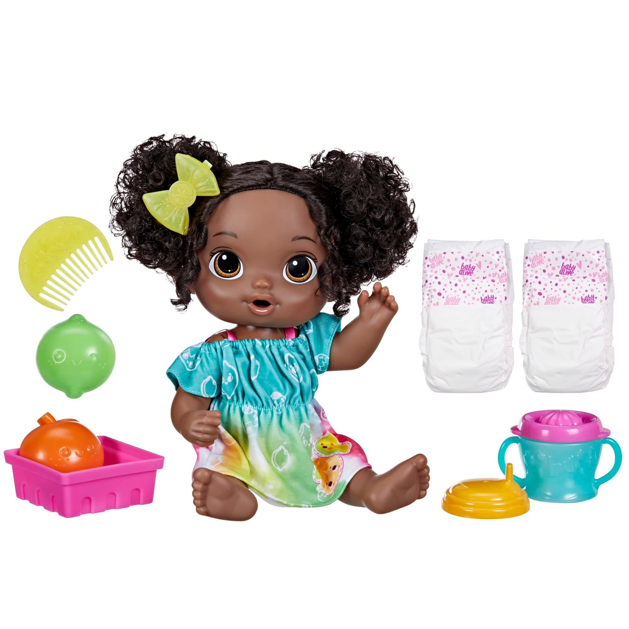 Fruity Sips Doll, Lime, Toys for 3 Year Old Girls, 12-inch Baby Doll Set, Drinks & Wets, Pretend Juicer, Kids 3 and Up, Black Hair