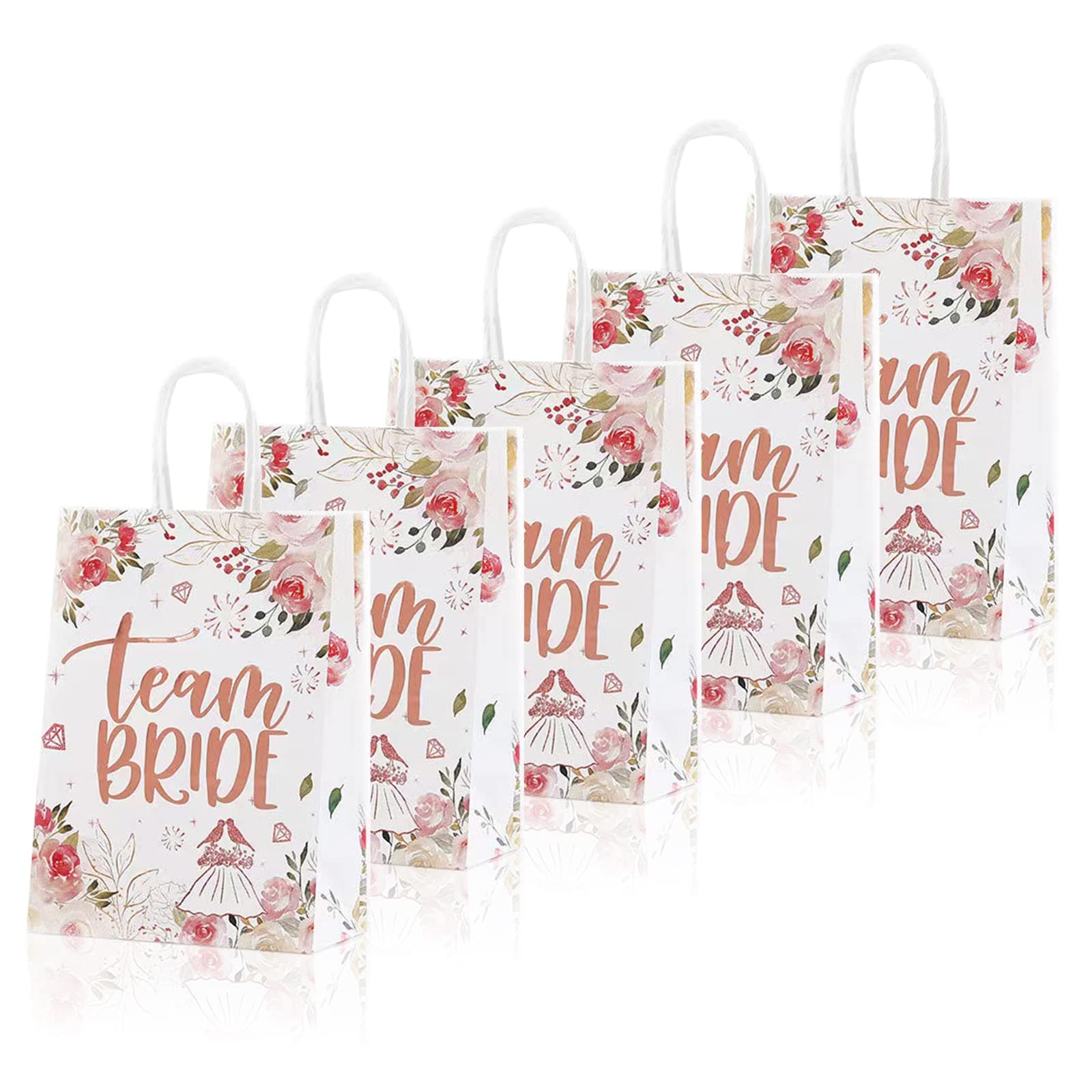 5 Pcs Hen Party Bags, Hen Party Gift Bags Rose Gold Foiled Hen Do Paper Bags Floral Team Bride Bags for Wedding Bridal Shower Bachelorette Party