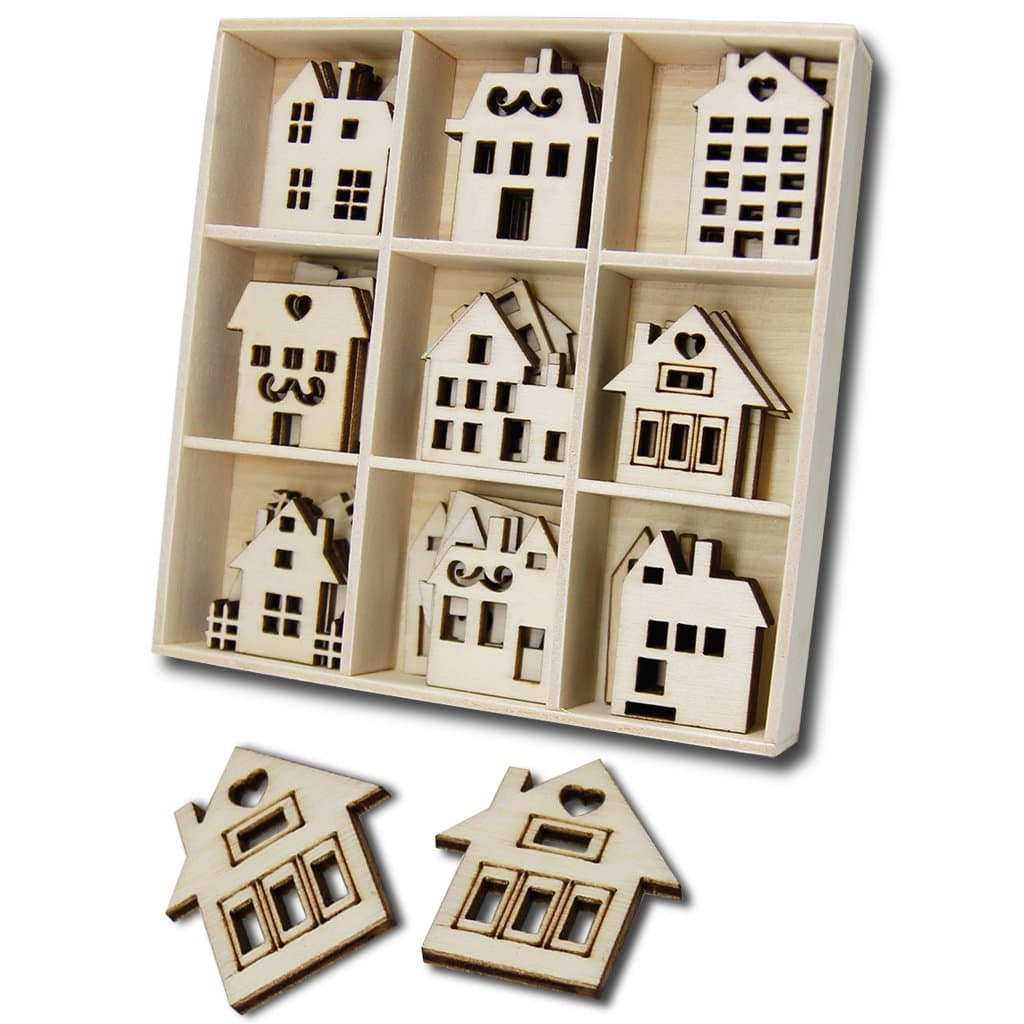 YuQi27pcs Unfinished Wood Embellishment for DIY Craft Project Home Ornaments with Storage Tray,Wood House Shaped Hanging Decorations for Christmas Tree
