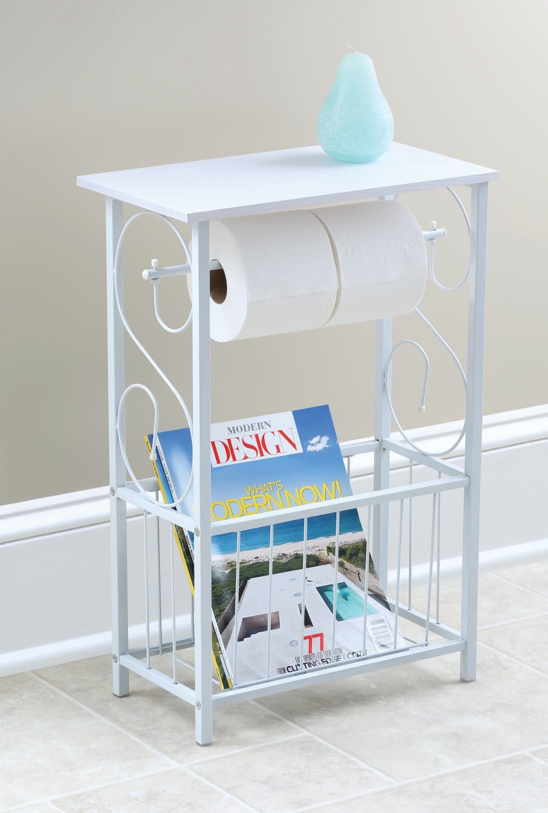 TravenPal Bathroom Floor StandTable With Scroll Design | Durable & Sturdy Metal Body Sleek WoodTop& Non Scratch Feet|ErgoScroll For 2 Rolls Of Toilet Paper, Magazines,Toiletries, Wipes & More