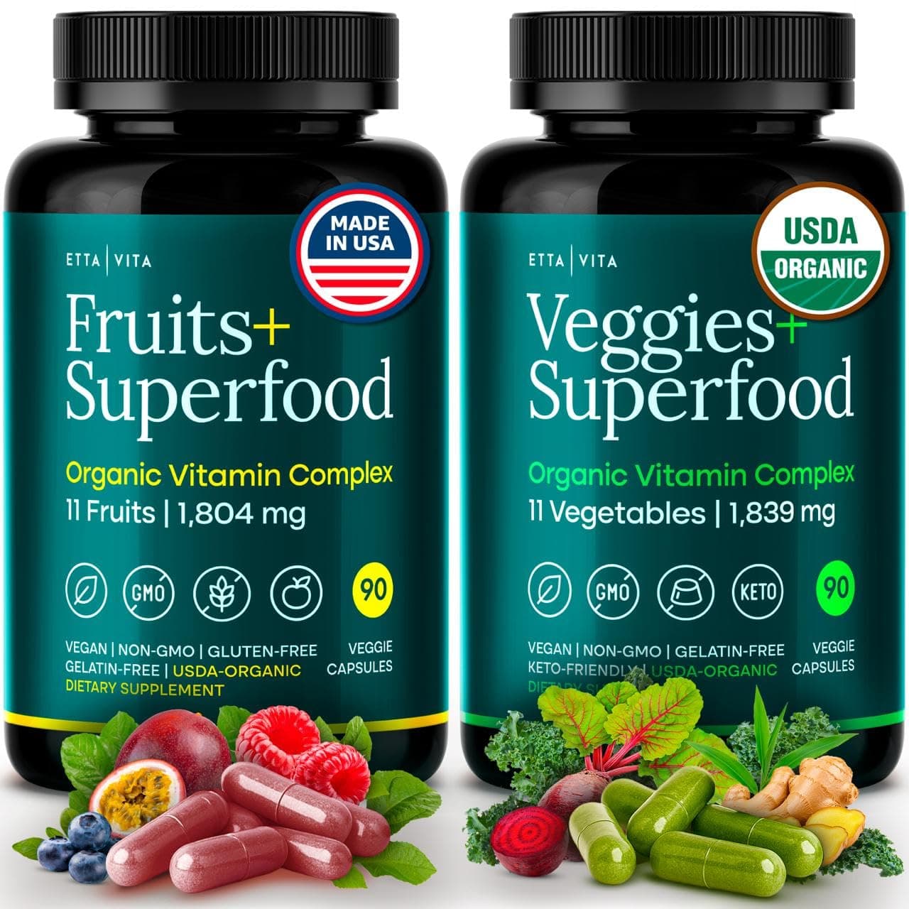 100% Organic Fruits and Veggies Supplement (USDA Organic - Made in USA) 180 Potent Fruits and Vegetable Capsules for Energy Boost & Daily Fruit and Vegetable Vitamins - Vegan, Non-GMO, Gluten-Free
