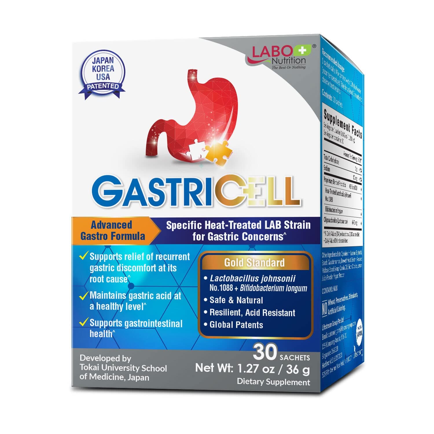 LABO Nutrition GASTRICELL - Target H. Pylori, Acid Reflux, Heartburn, Gastric Acid - Addresses Recurring Gastric Problems, Natural Defence Against Gastric Distress 30 sachets