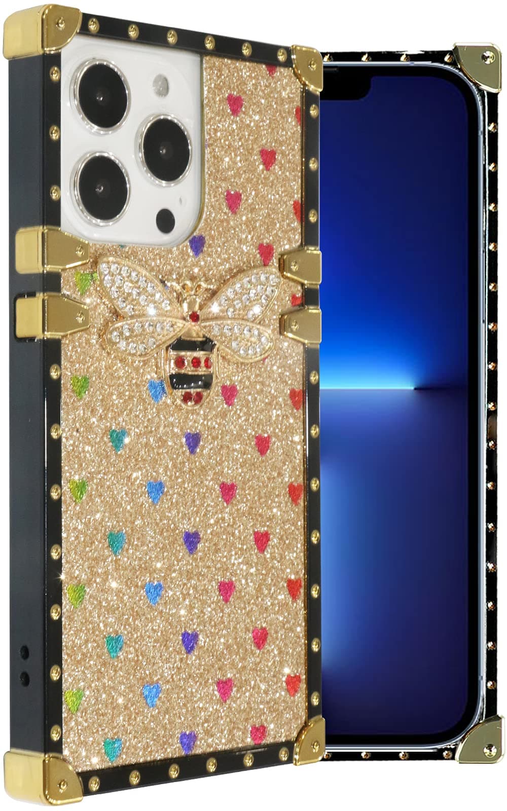 Umhlaba Compatible with iPhone 13 Pro case 2021 Trunk Square Edge Cute bee Bling Glitter Phone Cover Girly Luxury Girls Women Box Rectangle Stylish 6.1 inch (Gold)