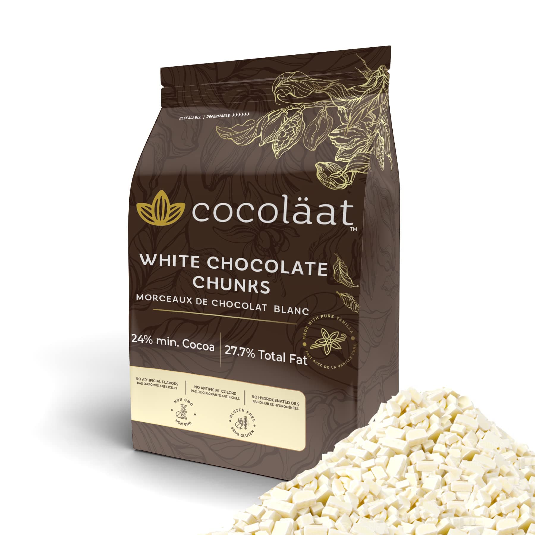 Cocolaat White Chocolate Chunks | 600 Count Size | Resealable Stand Up Pouch | 12 oz