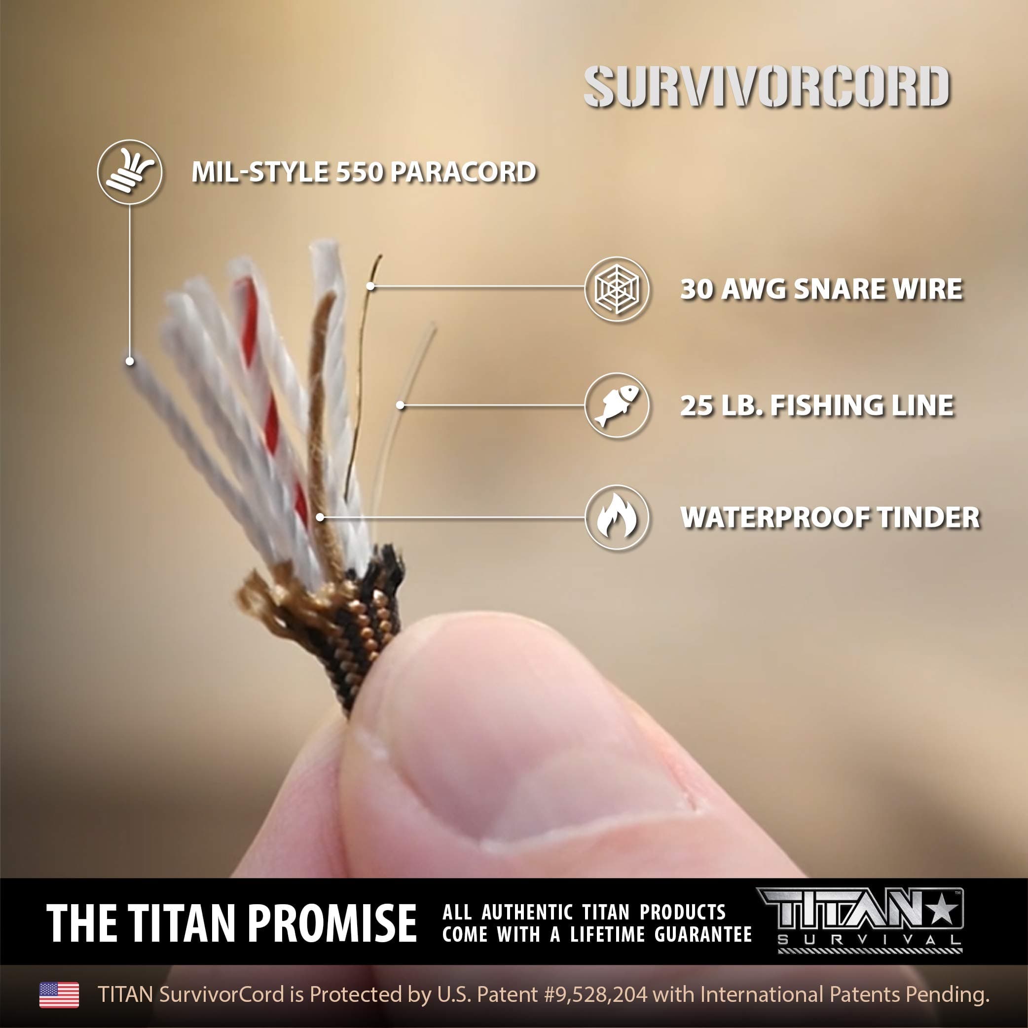 SurvivorCord Paracord - From Titan Survival - Patented 620LB Strength 550 Military Paracord with 3 Strands - Heavy Duty 550 Hank Cord Camping & Outdoor - Paracord with Firestarter & Survival Cord