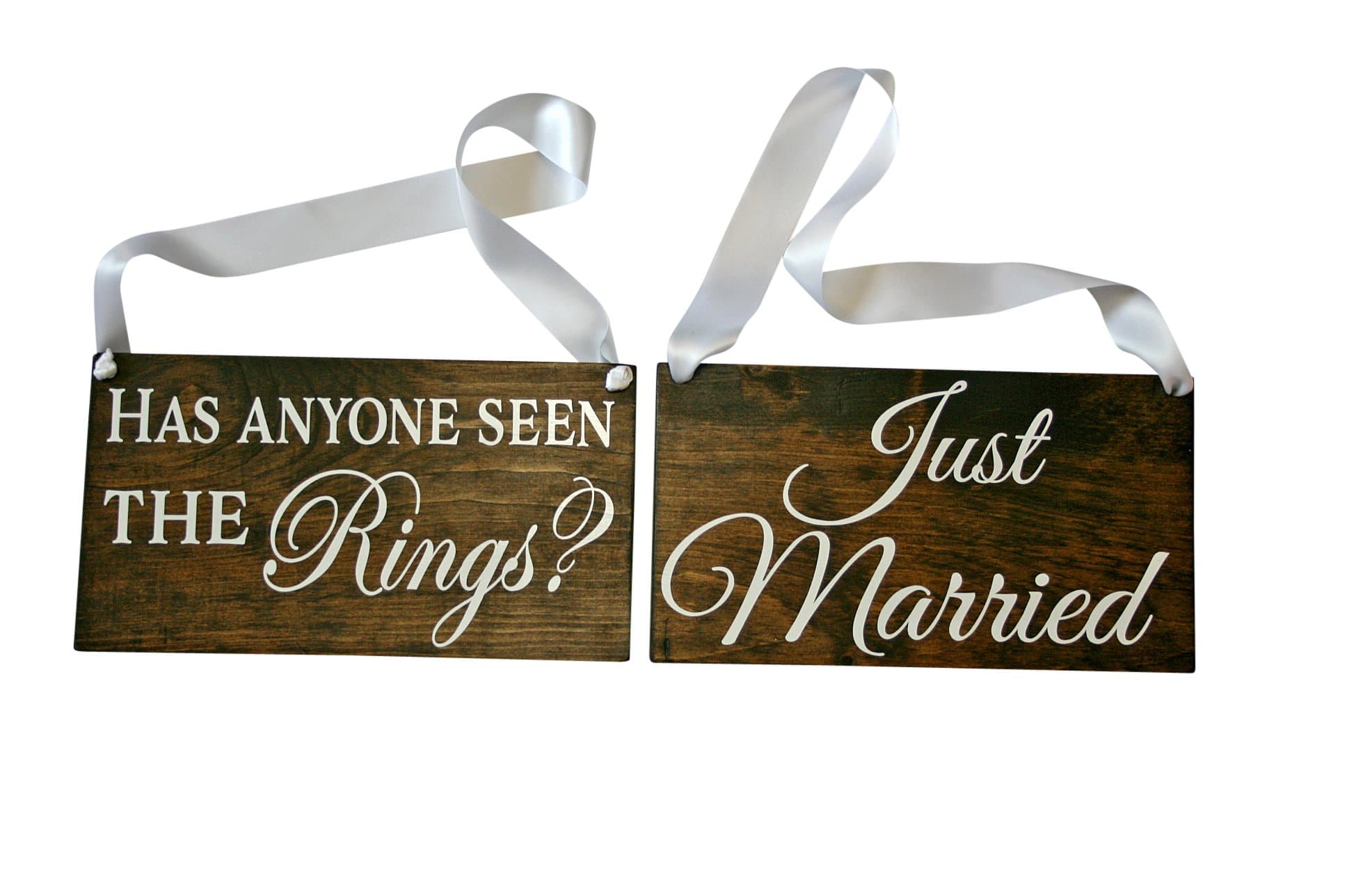Reversible Has Anyone Seen The Rings Sign Double Sided Just Married Rustic Wedding Wood Sign Wooden Signs (Dark Walnut/White Ribbon)