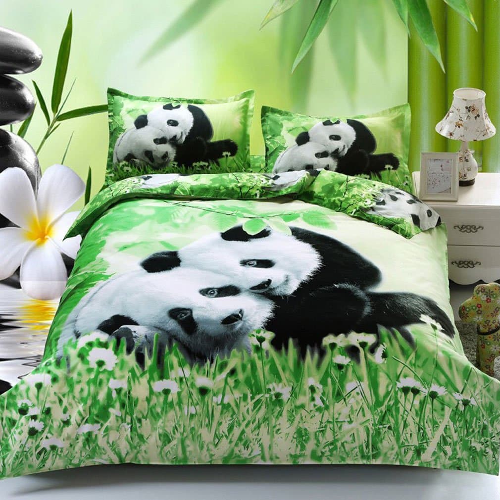 QiaoShang 3D Cute Panda Print Polyester Fiber Bedding Set Queen Size 4 Pieces Duvet Cover Bed Sheet Pillowcases