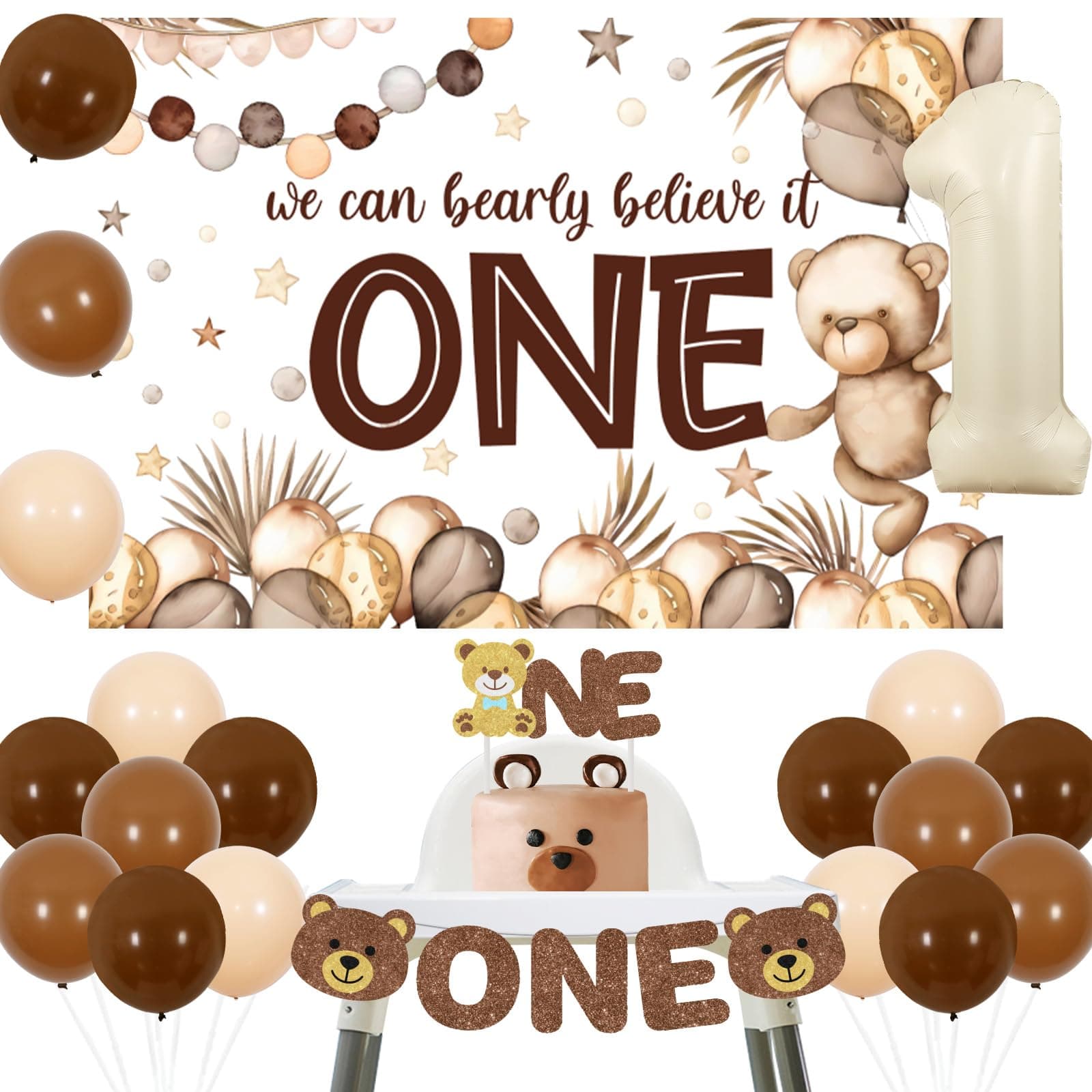 SursurpriseBear 1st Birthday Decorations Bear Backdrop Brown Balloons High Chair Banner Cake Topper for Boys Beary First Birthday Party Supplies